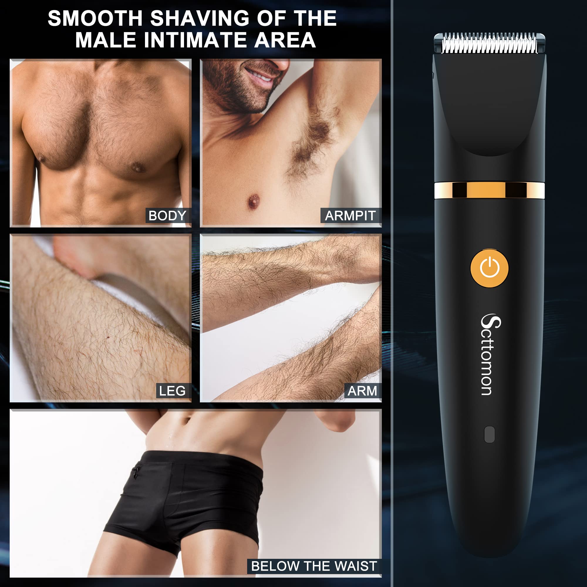 Scttomon Electric Groin Hair Trimmer, Waterproof 3-in-1 Body Shaver, Stainless Steel, Black, Model RFC-2018