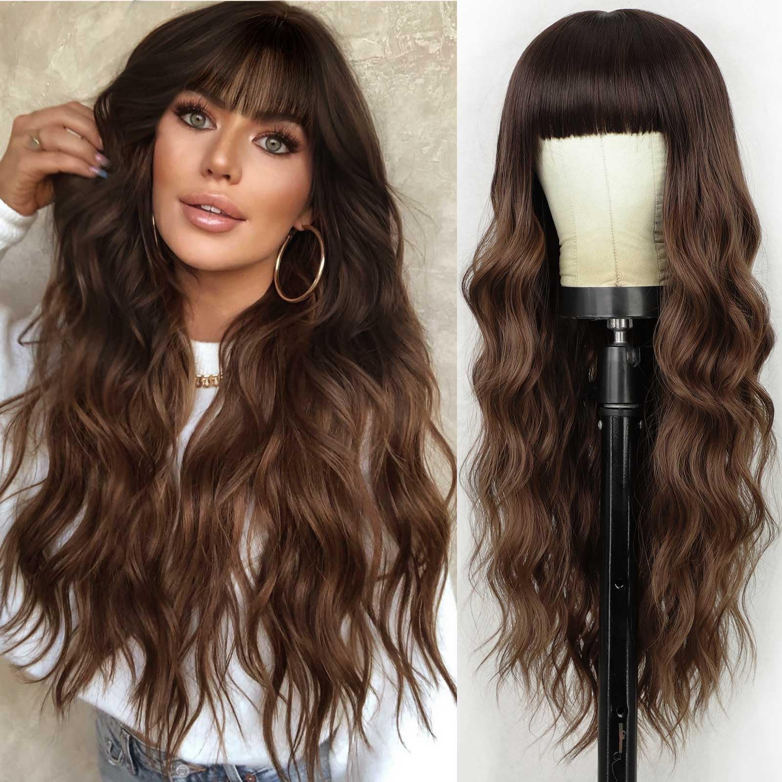 Lativ Brown Wig with Bangs Long Wavy Wig with Dark Roots for Women Curly Wavy Wig Synthetic Fiber Natural Looking Hair Replaceme