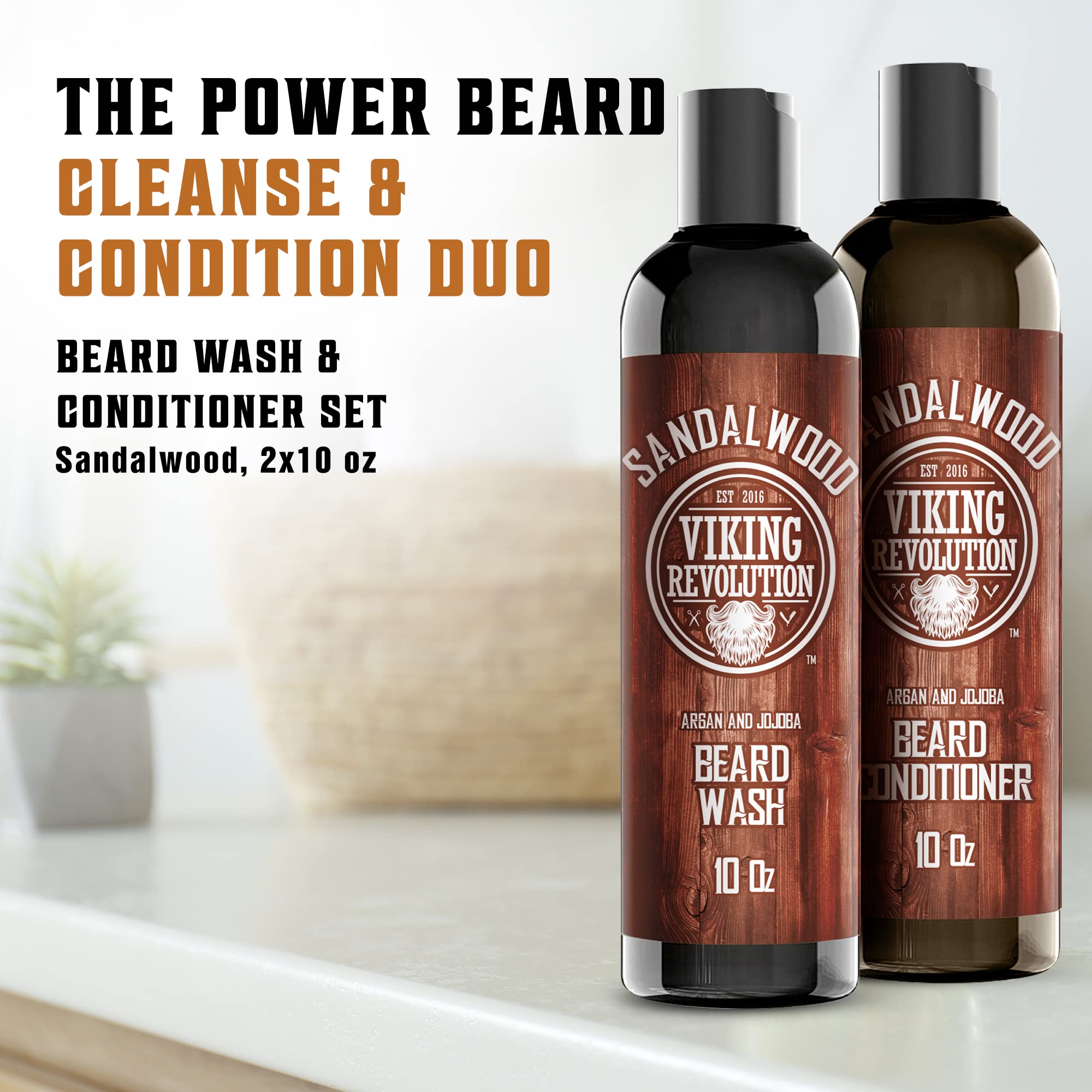 Beard Wash & Beard Conditioner Set W/Argan & Jojoba Oils - Softens & Strengthens - Natural Sandalwood Scent - Beard Shampoo W/Be