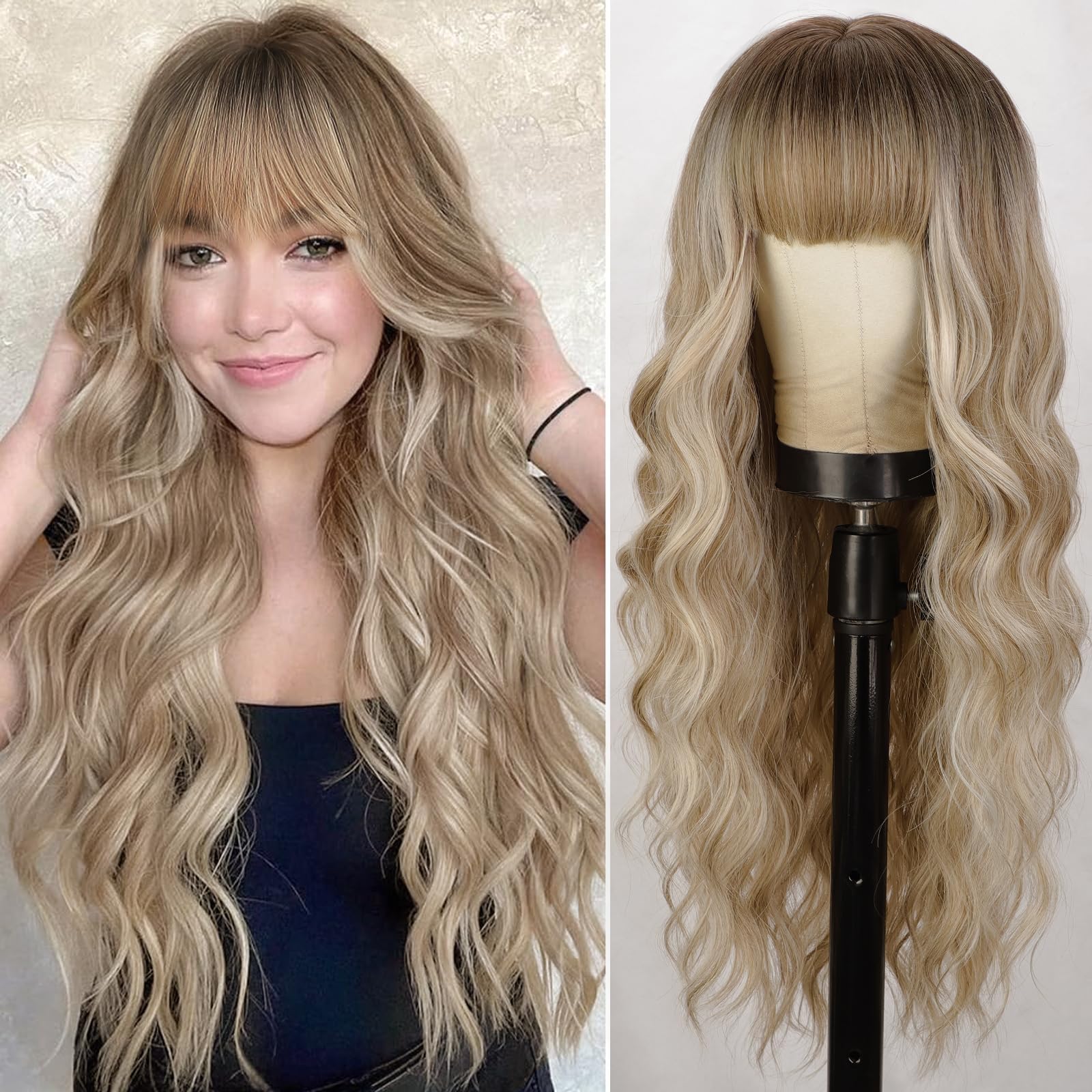 Lativ Dirty Blonde Wig With Bangs Long Wavy Curly Ombre Blonde Wig with Dark Roots Synthetic Heat Resistant Wigs for Women Daily