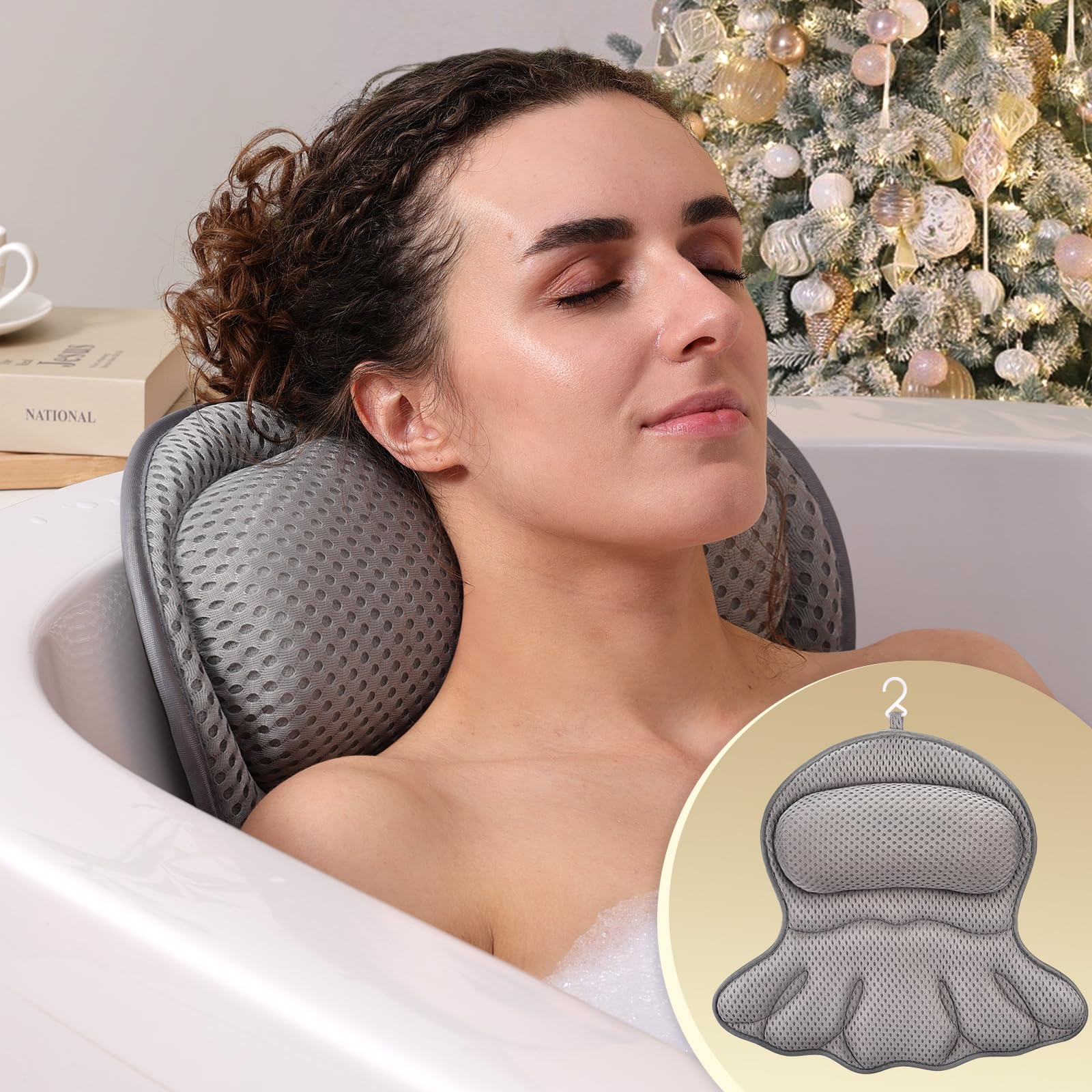 Bath Pillow Luxury Bathtub Pillow, Extra Soft & Comfortable Bath Pillow For Tub Head Neck And Back Support, With 4D Air Mesh Cus