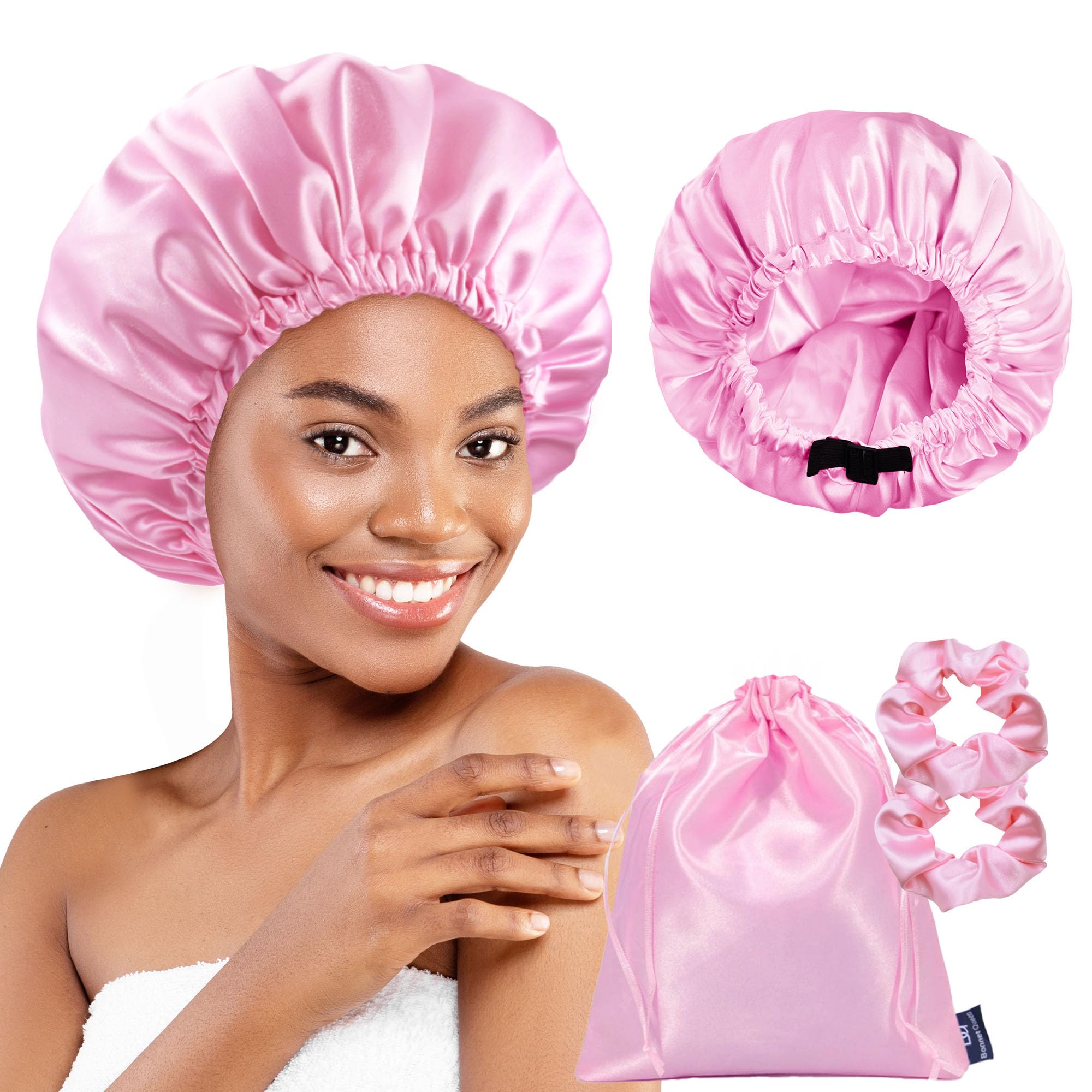 BONNET QUEEN Silk Bonnet for Sleeping Satin Bonnet for Women Double Layer Reversible Hair Bonnet Elastic Sleep Cap with 2 Scrunc
