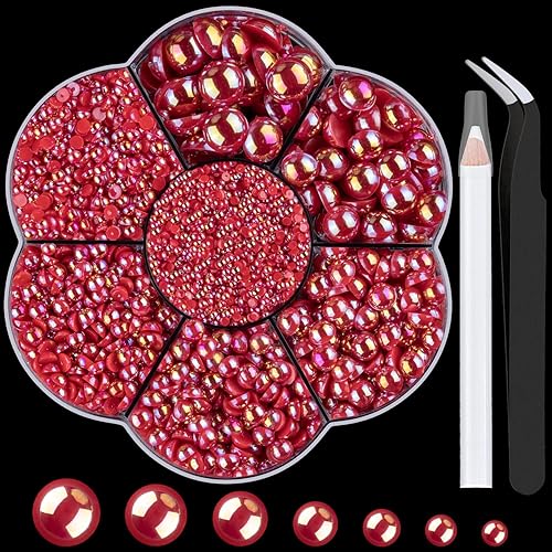 Nail Art Flat Back Half Round Pearl Kits 16, 1 Box of 5600 Pcs Flat-Back Red AB Pearl with Tweezer and Picker Pencil for Home DI