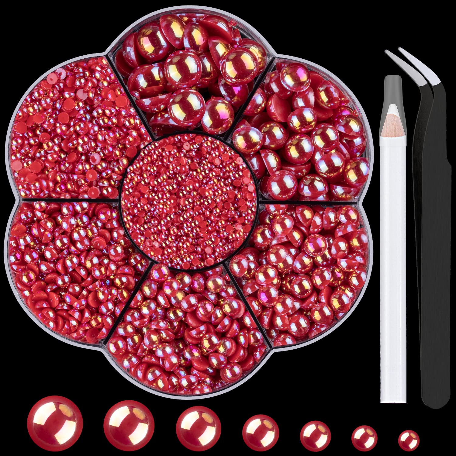 Nail Art Flat Back Half Round Pearl Kits 16, 1 Box of 5600 Pcs Flat-Back Red AB Pearl with Tweezer and Picker Pencil for Home DI