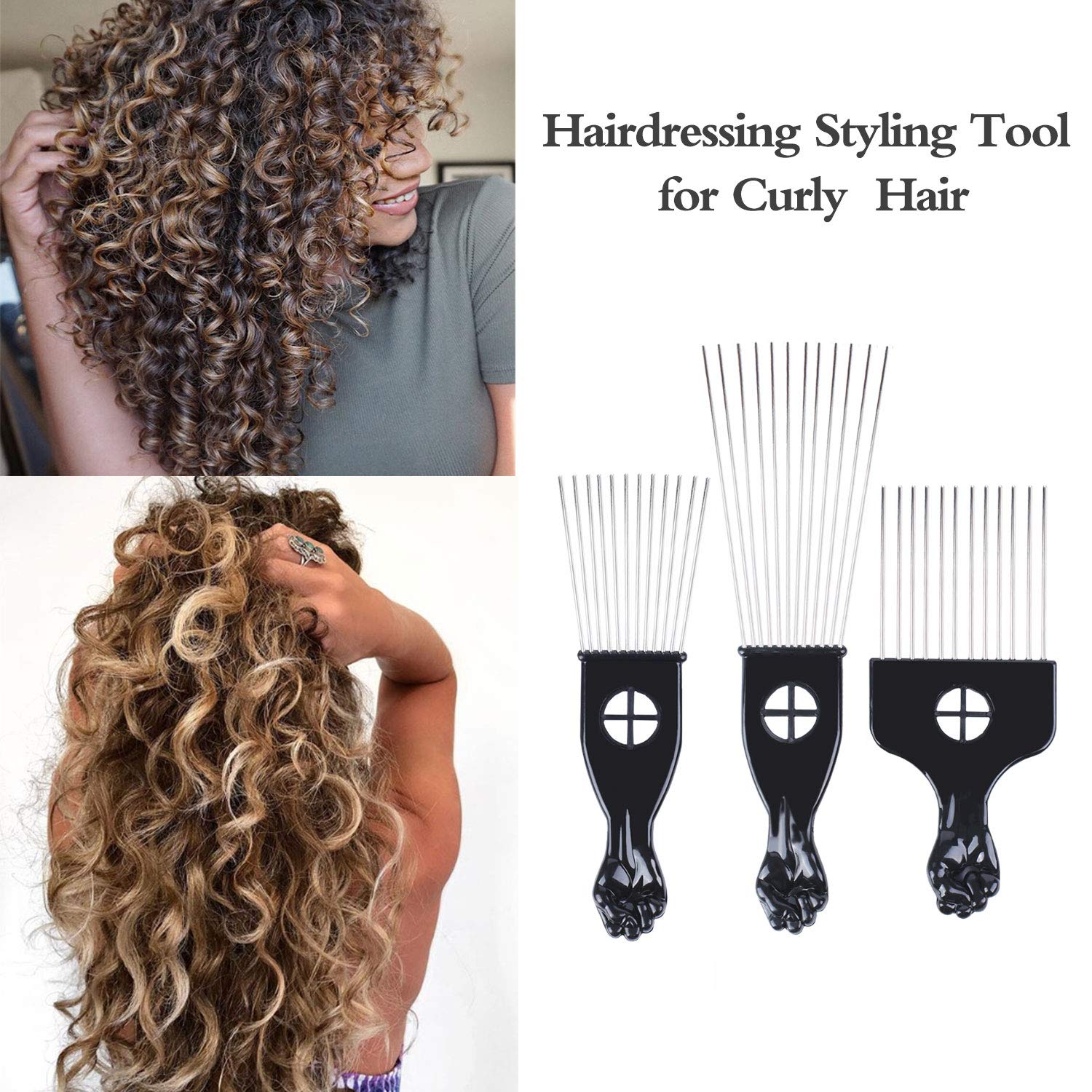LEADUWAY Hair Pick Set - 3 Metal Afro Combs for Styling - Black - Model SADHB80