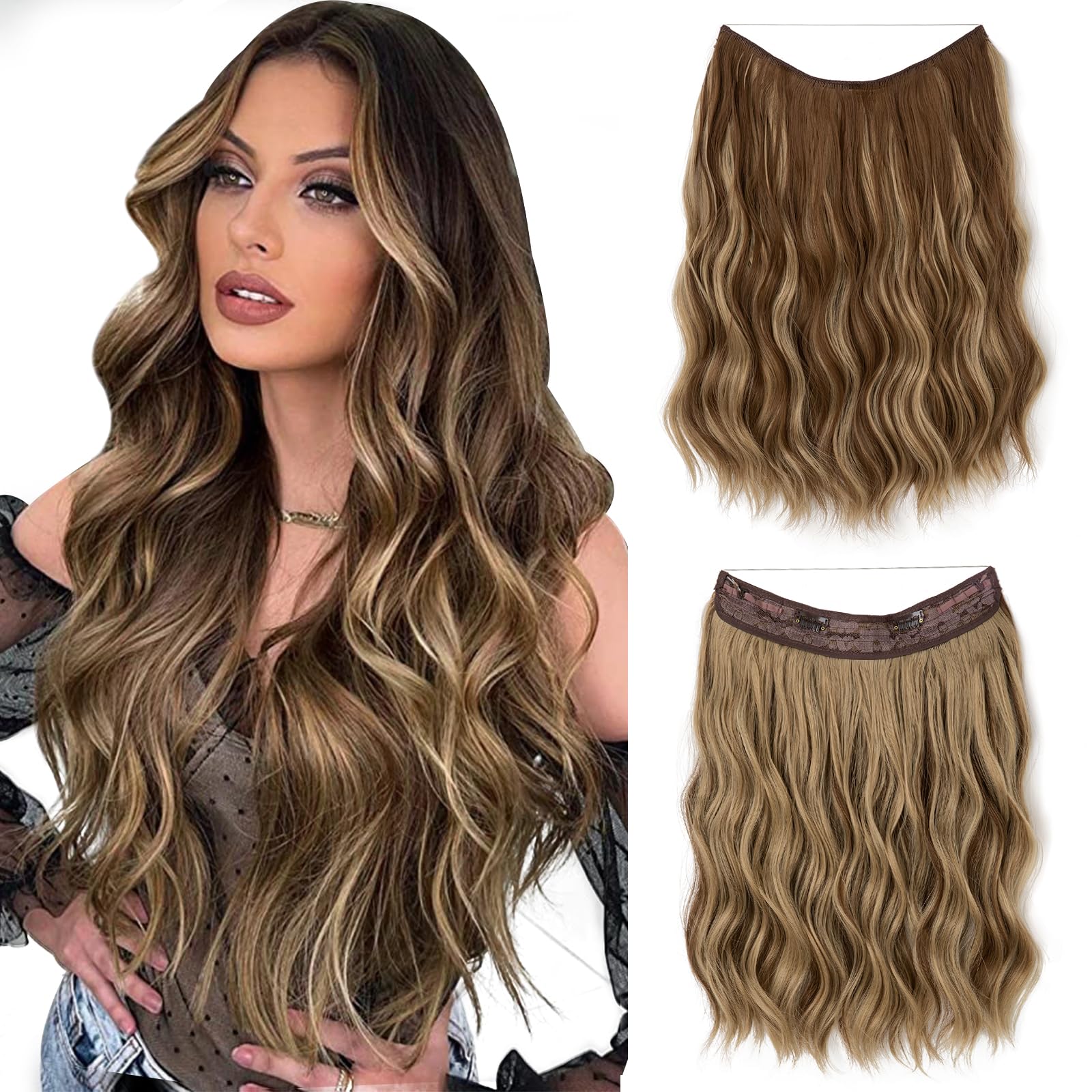 Sarla Invisible Wire Hair Extension With 3 Clips Synthetic Short Beach Wave Hairpiece Transparent Adjustable Headband For Women