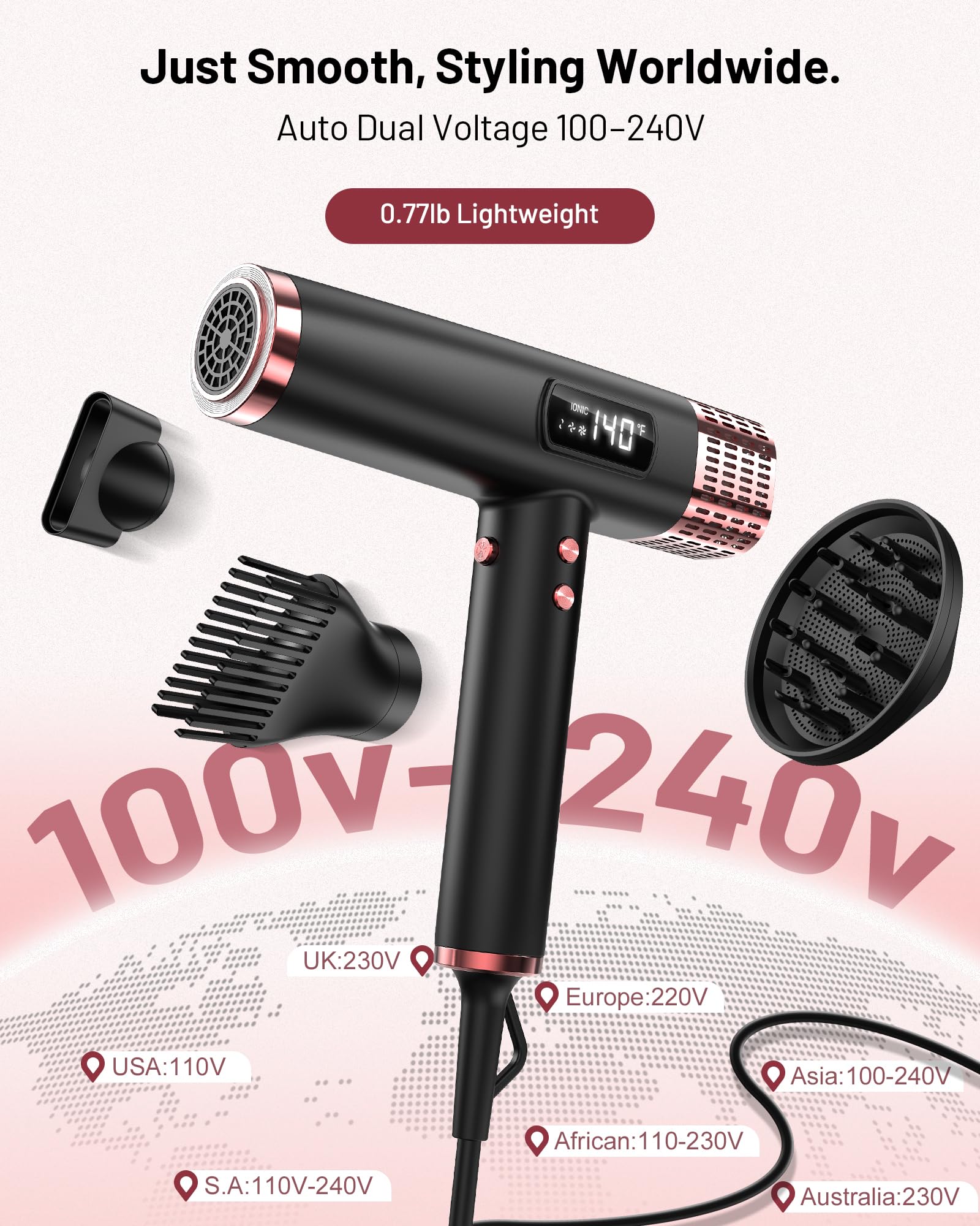 MESCOMB Dual Voltage Ionic Hair Dryer with Diffuser - 1875W High-Speed Blow Dryer for Women, Fast Drying, No Heat Damage, Low No