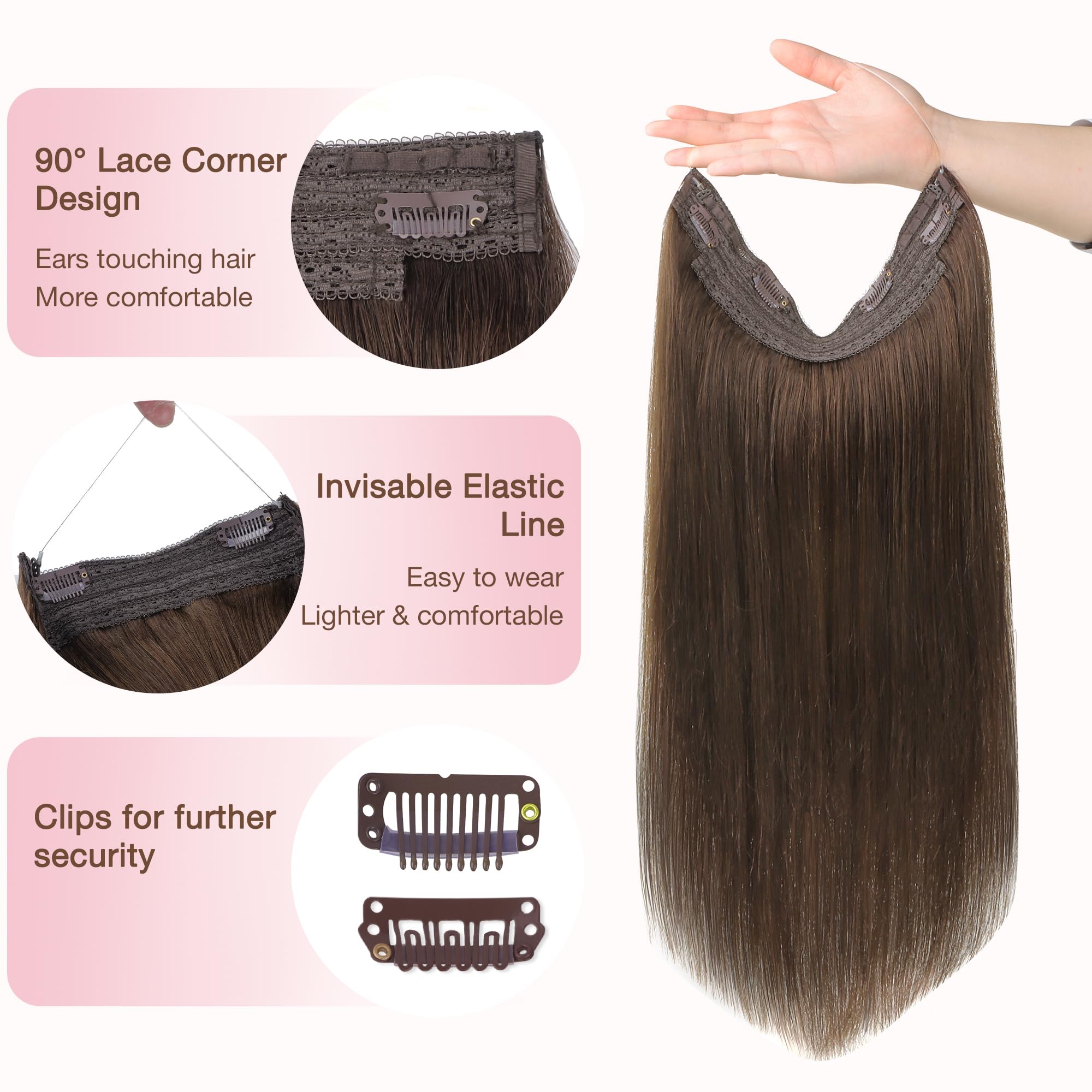 Goo Goo Wire Hair Extensions Human Hair, 4A Chocolate Brown Natural 16Inch 95G, Invisible Wire Hair Extensions With Transparent,