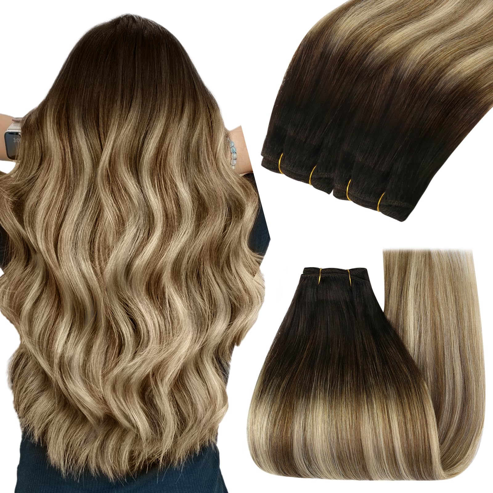 YoungSee 125G Sew in Extensions Brown Balayage Sew in Hair Extensions Balayage Darkest Brown with Medium Brown to Blonde Weft Ha