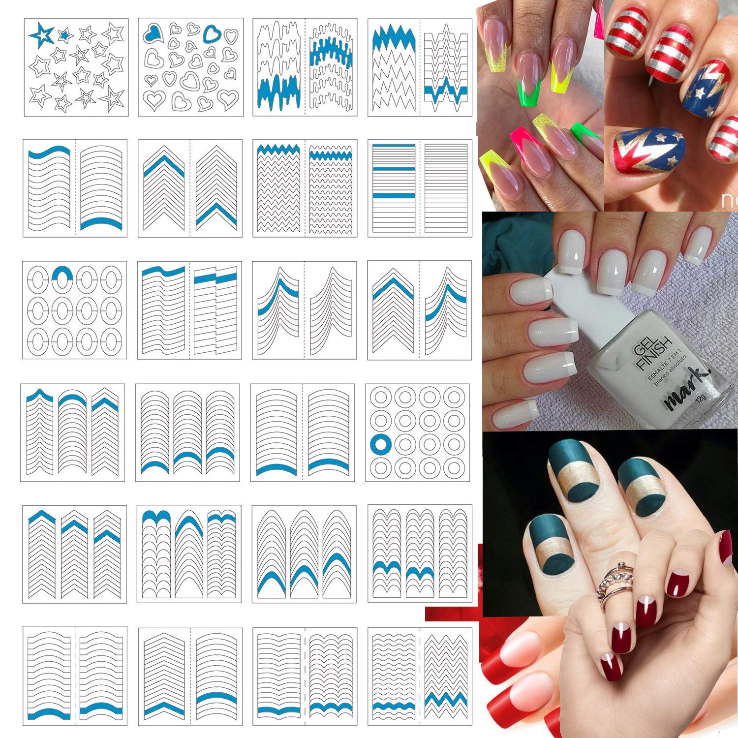 Nail Art Stencils Tip Guides Stickers, 24 pcs, 36 Designs