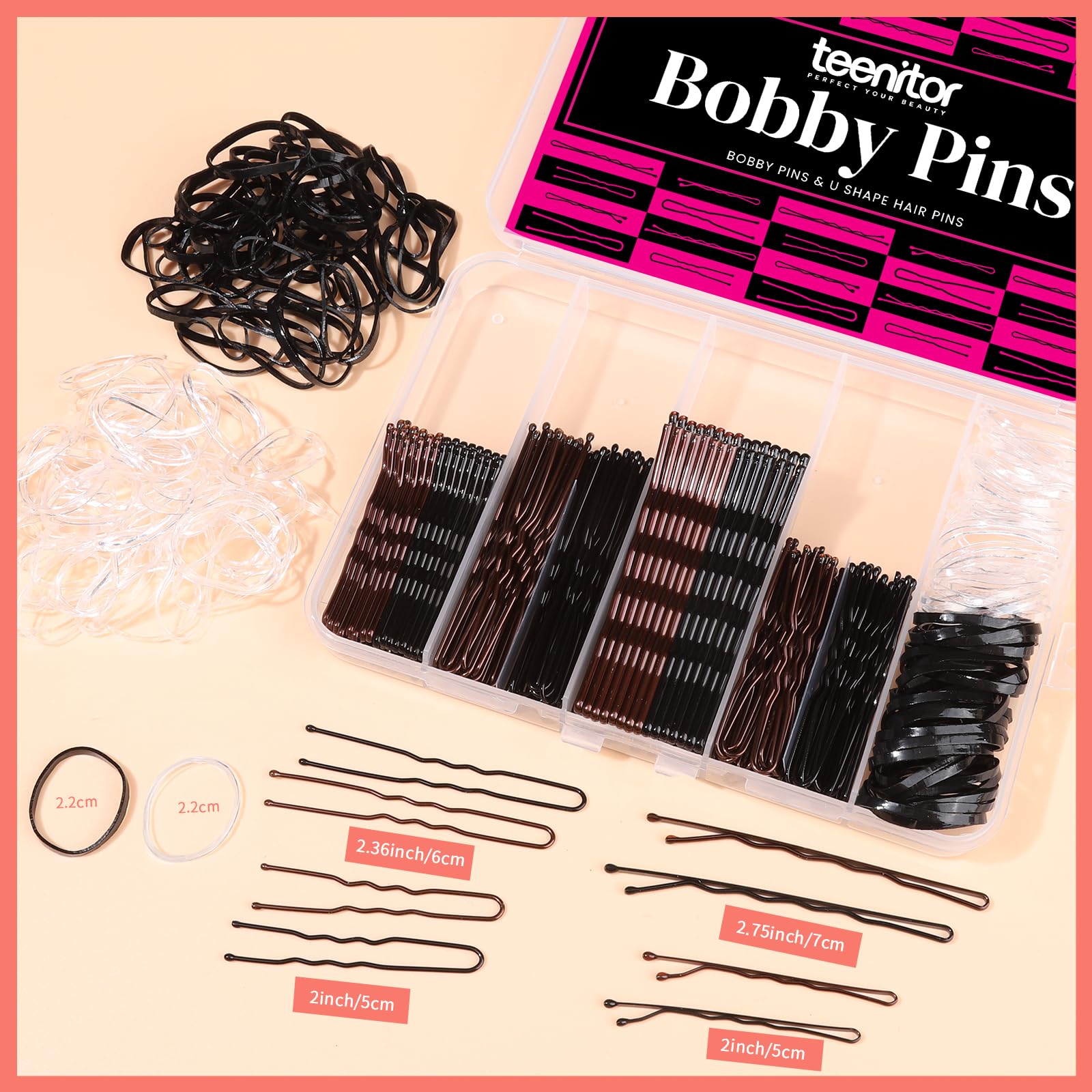 Teenitor 300pcs Bobby Pins Hair Pins, 100 Hair Pins 100 Bobby Pins Brown Hair Black for Women 100 Hair Bands 2inch 2.36inch 2.75