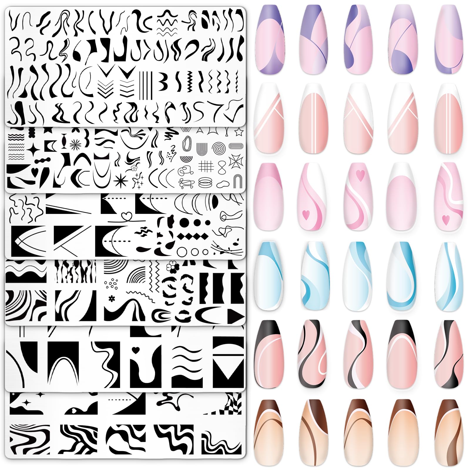 Whaline 6Pcs French Line Nail Plates Stamping Set Minimalism Wave Stripe Stamp Templates Nail Art Plates For DIY Print Manicure 