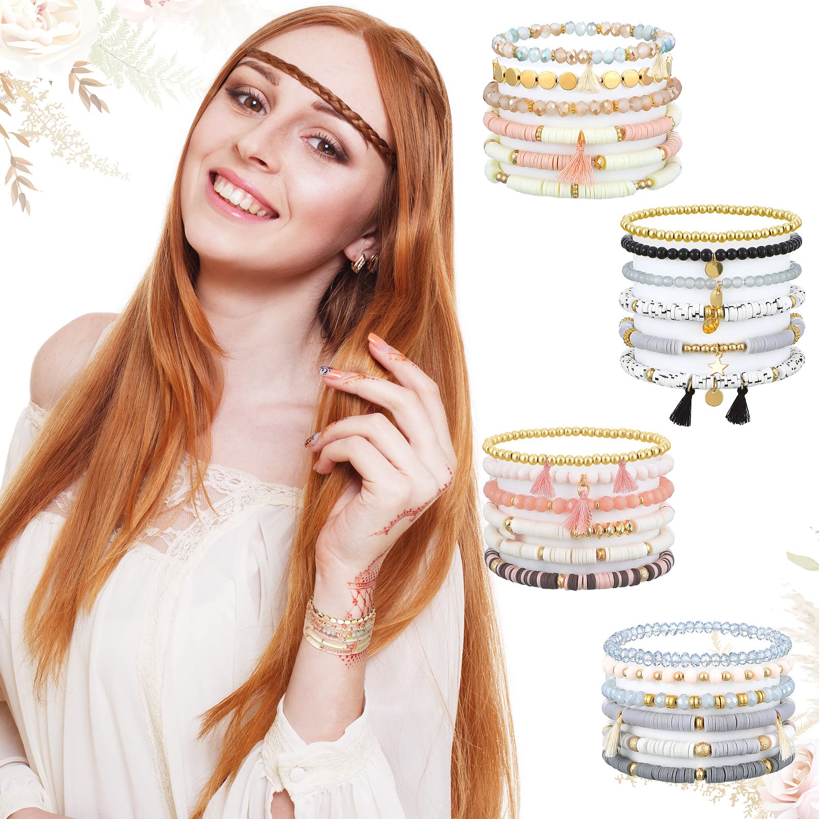 Jadive 24 Pieces Bracelets 4 Set Bead Bracelets Bulk Stackable Bracelets for Women Stretch Heishi Bracelets Clay Boho Disc Brace
