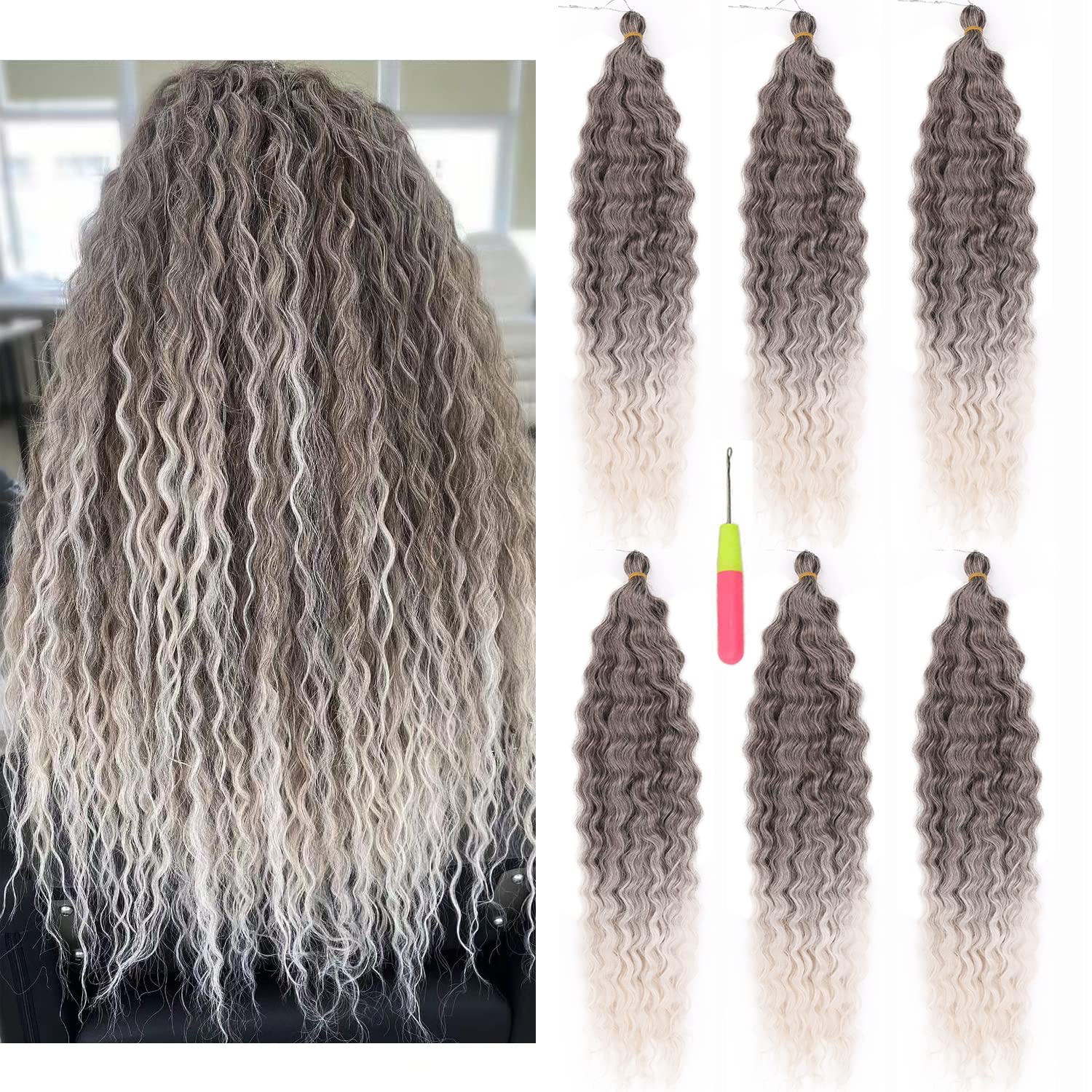 MAYSA Ombre Grey Curly Crochet Hair 22inch 6Packs Ocean Wave Crochet Hair Wavy Synthetic Crochet Hair Ombre Chocolate Brown Mix 