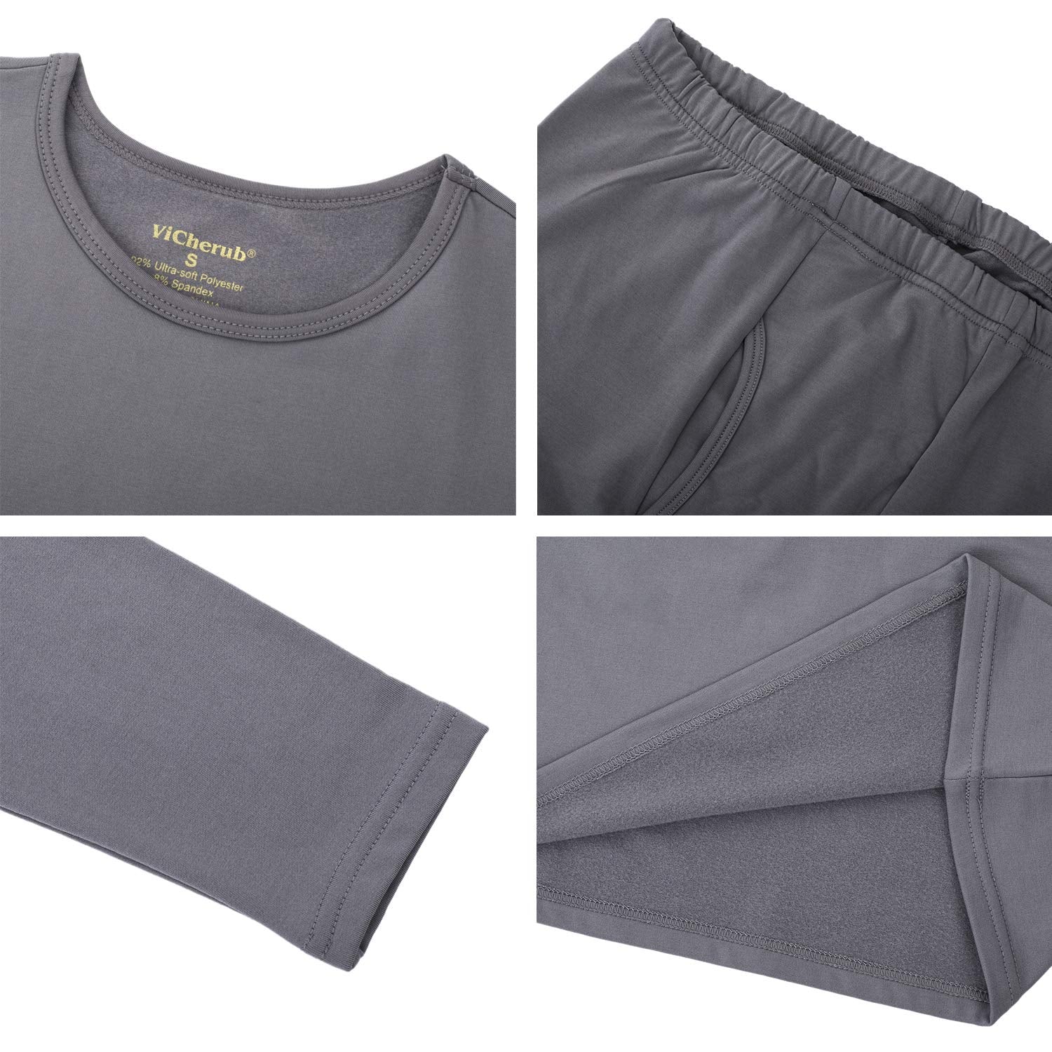 Vicherub Thermal Underwear for Men Fleece Lined Long Johns Base Layer Top and Bottom Set for cold Weather grey M