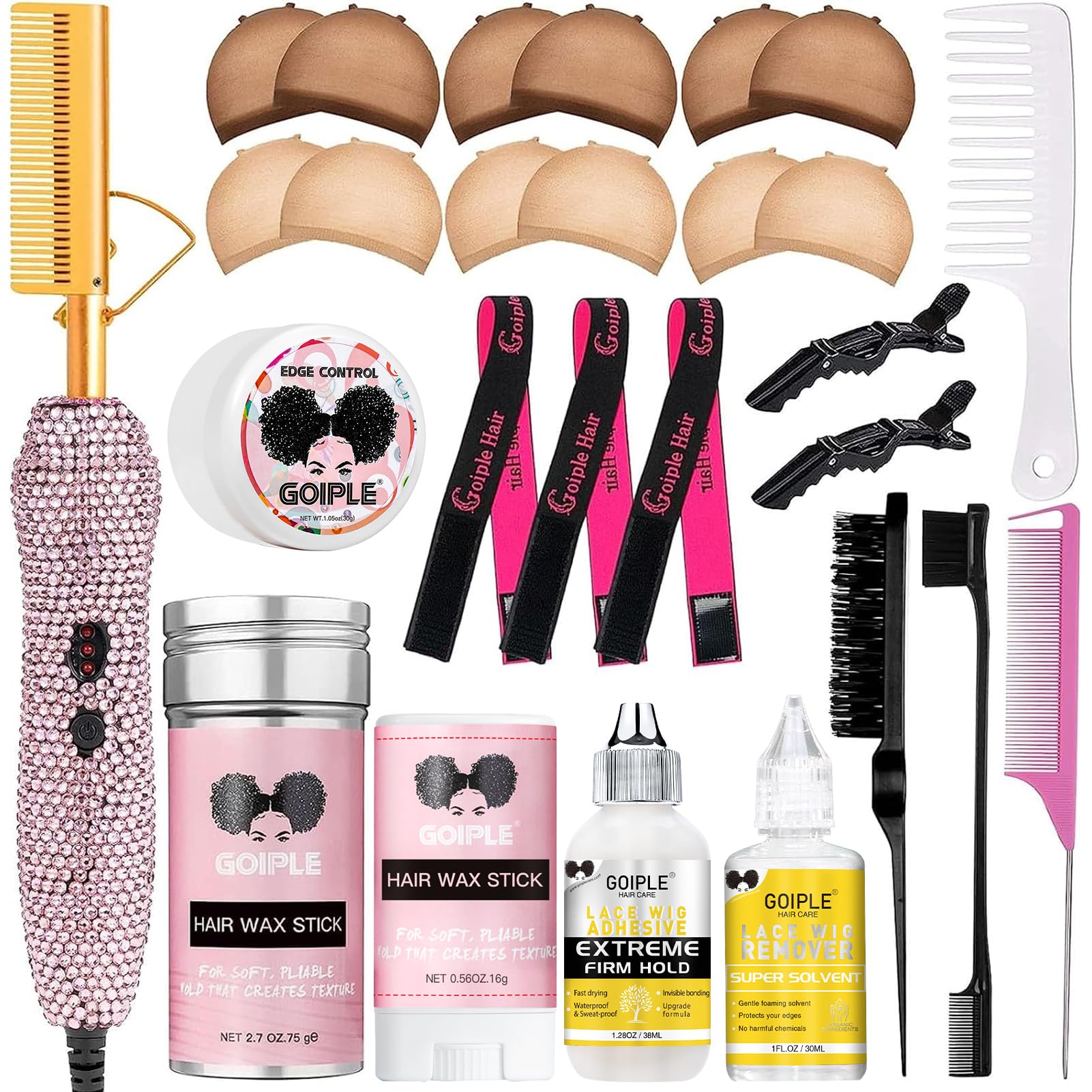 Diamond Electric Adjustable Temperature Hair Straightener Brush Set for Wigs and Natural Black Hair (Gold)