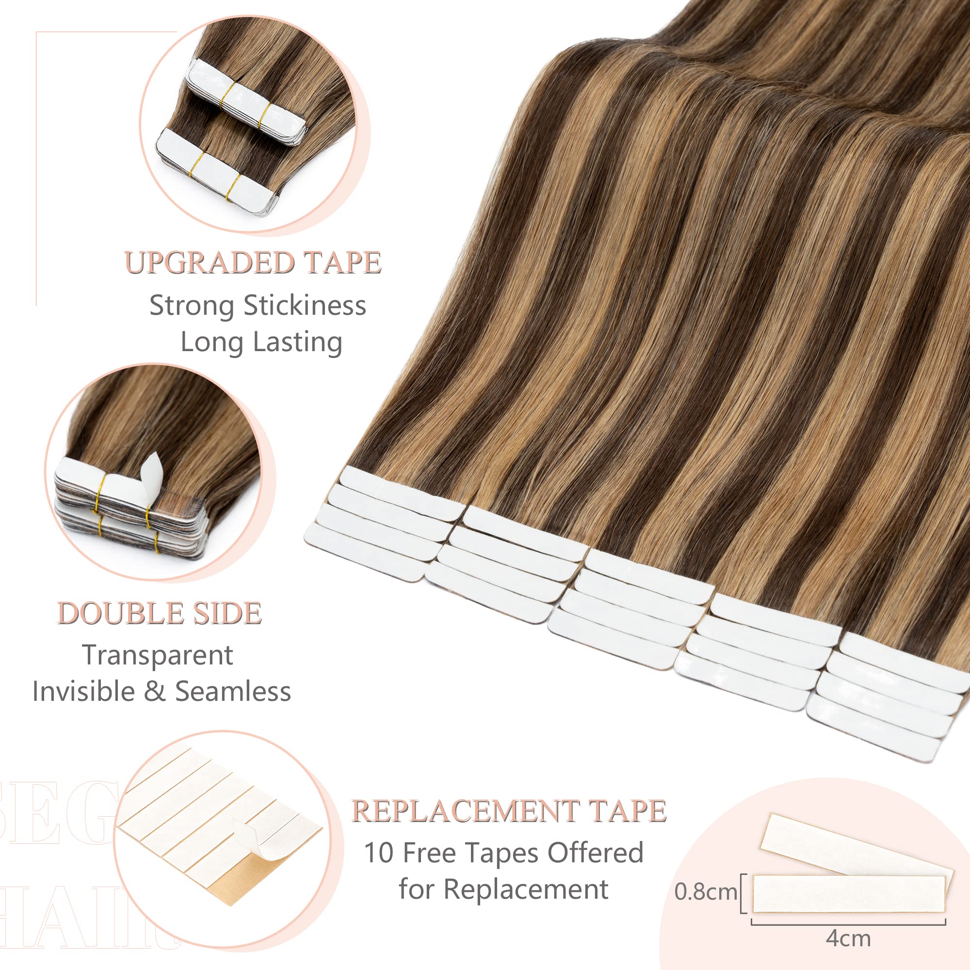 Sego 18 Inch Tape In Hair Extensions Human Hair 100G 40Pcs Straight Balayage 100% Remy Rooted Seamless Skin Weft Invisible Doubl