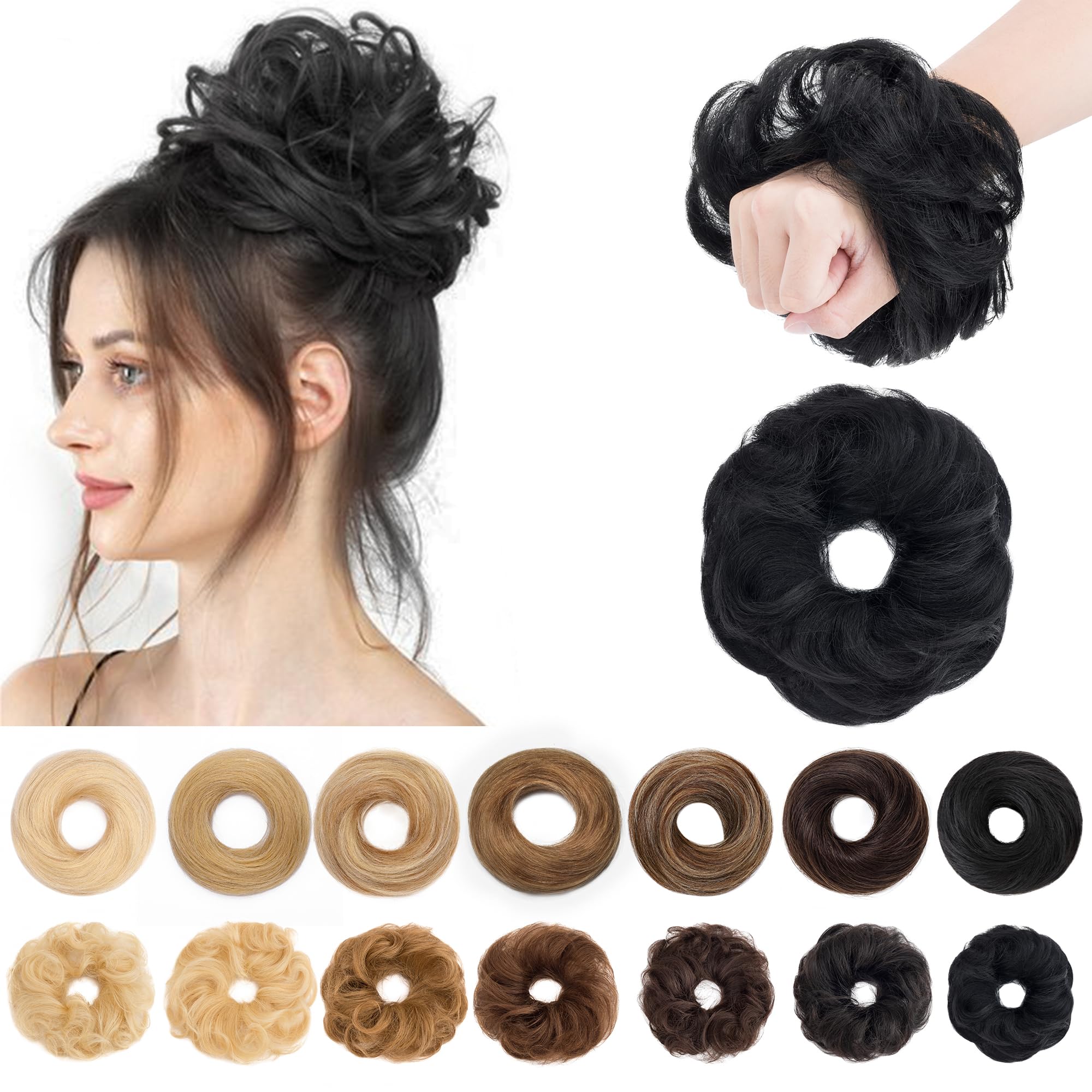 SEGO Human Hair Messy Bun Hairpieces Real Scrunchies Wavy Curly Tousled Updo Donut Chignon Ponytail Extensions for Women Girls-#