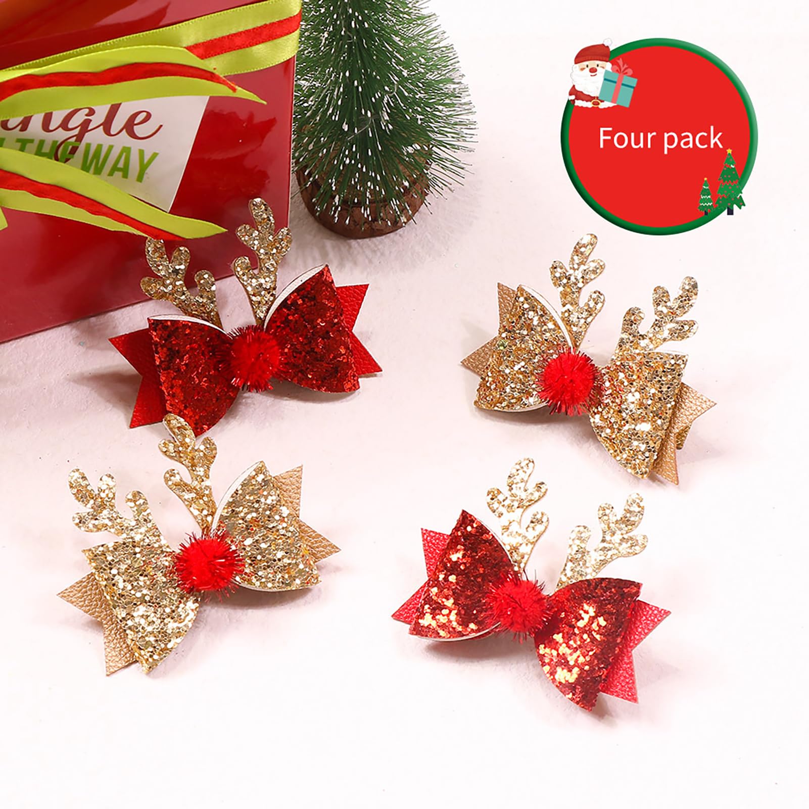 4 Pcs Christmas Hair Clips Xmas Bow Hair Accessories Cute Reindeer Antlers Ears Glitter Sequins Hair Barrettes Holiday Headdress