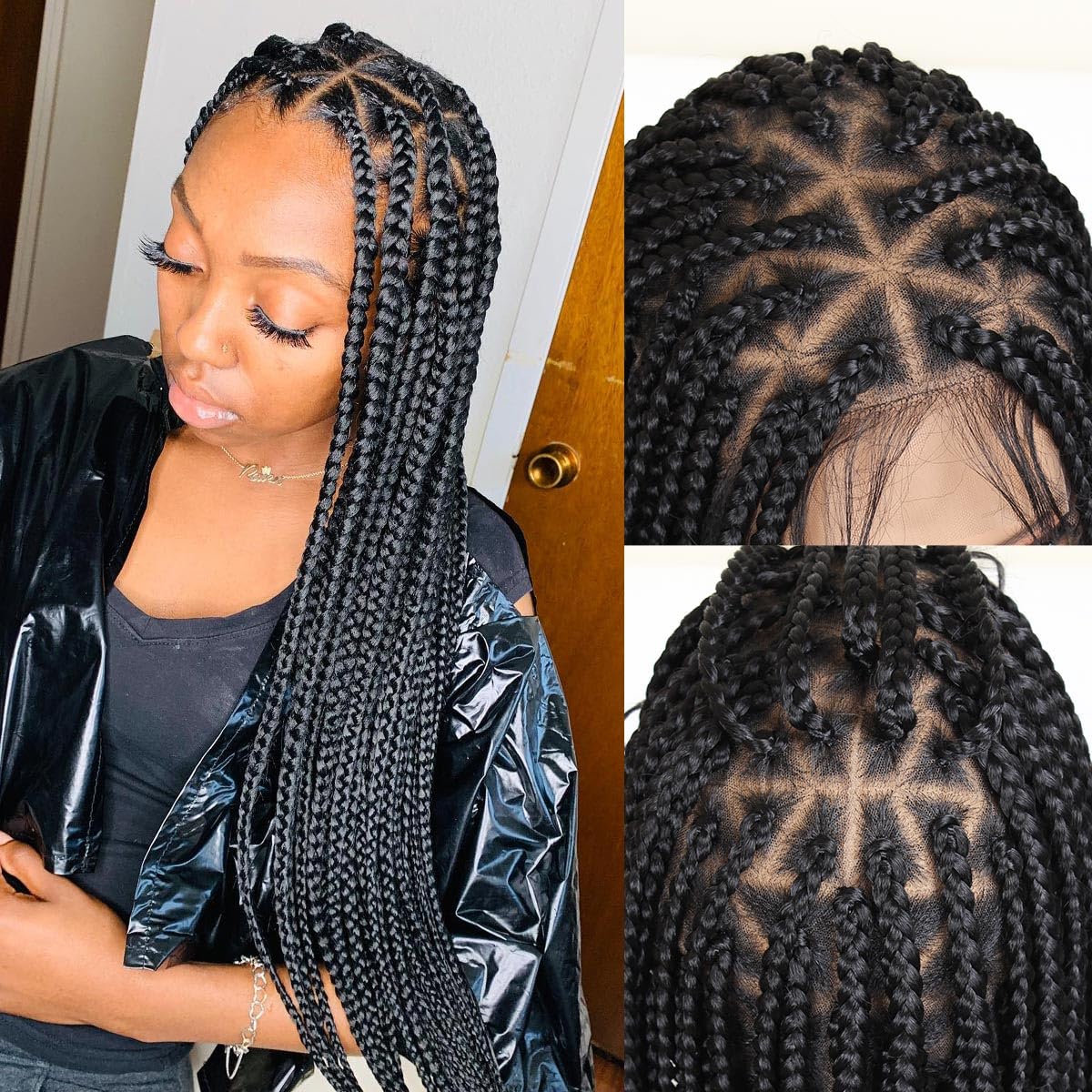 KRALER 36 inch Box Braided Wig for Black Women, Triangle Based Box Braid Wig Glueless Full Double Lace Knotless Braided Wigs Pre