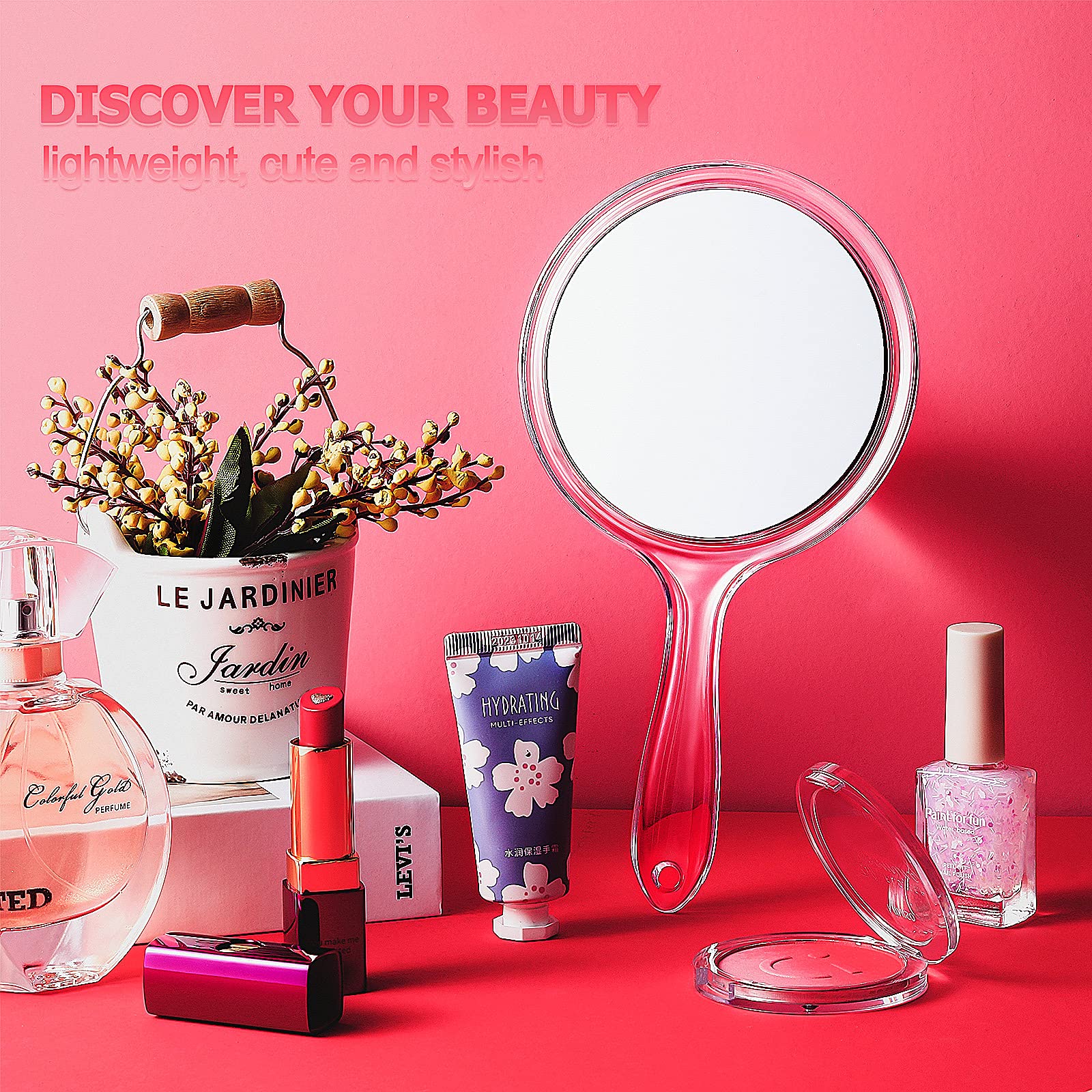 Jetec Hand Mirror Double-Sided Handheld Mirror 1X/ 2X Magnifying Mirror with Handle Transparent Hand Mirror Rounded Shape Makeup