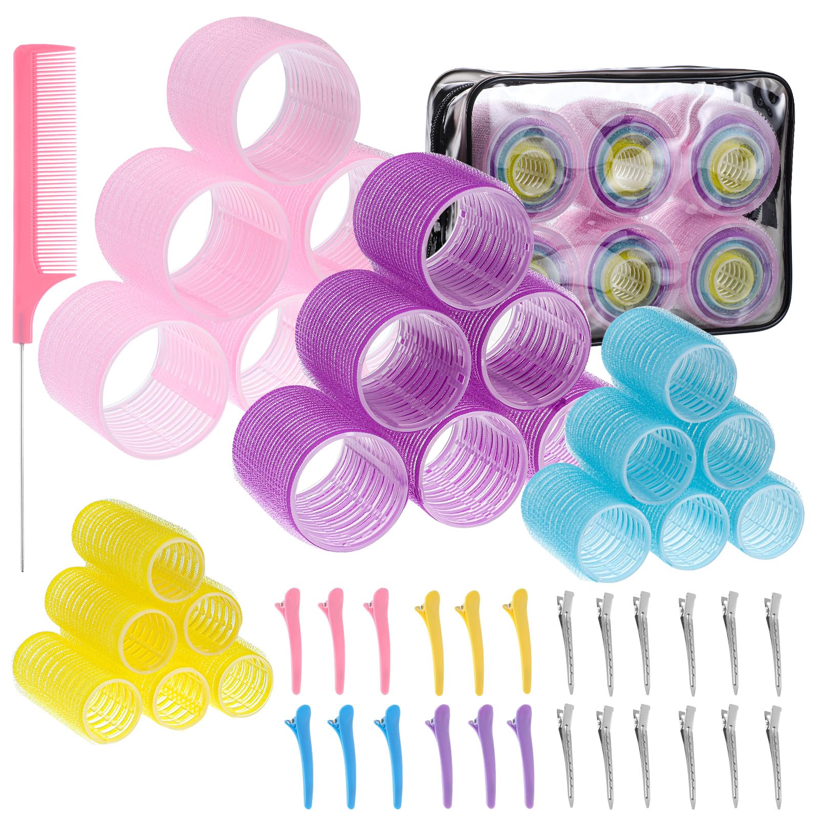 4 Sizes Self-Grip Hair Rollers Set - 50 Pcs with Clips in 4 Colors, Jumbo Rollers for Long, Short Hair and Bangs (25mm, 36mm, 48