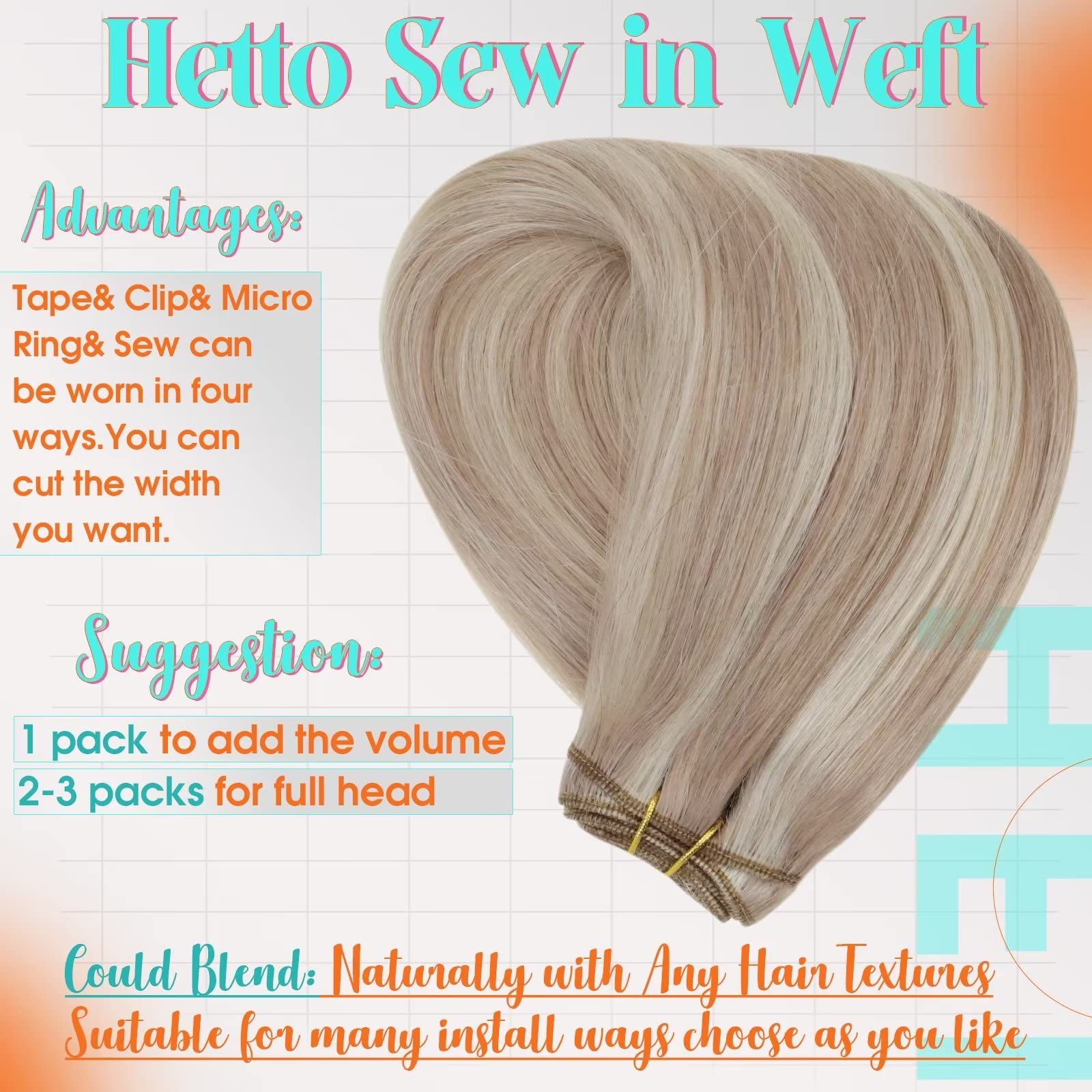 Hetto Blonde Weft Hair Extensions Human Hair 12 Inch 70g #18/613 Ash Blonde Sew in Weft Hair Extensions Remy Hair Brazilian Hand