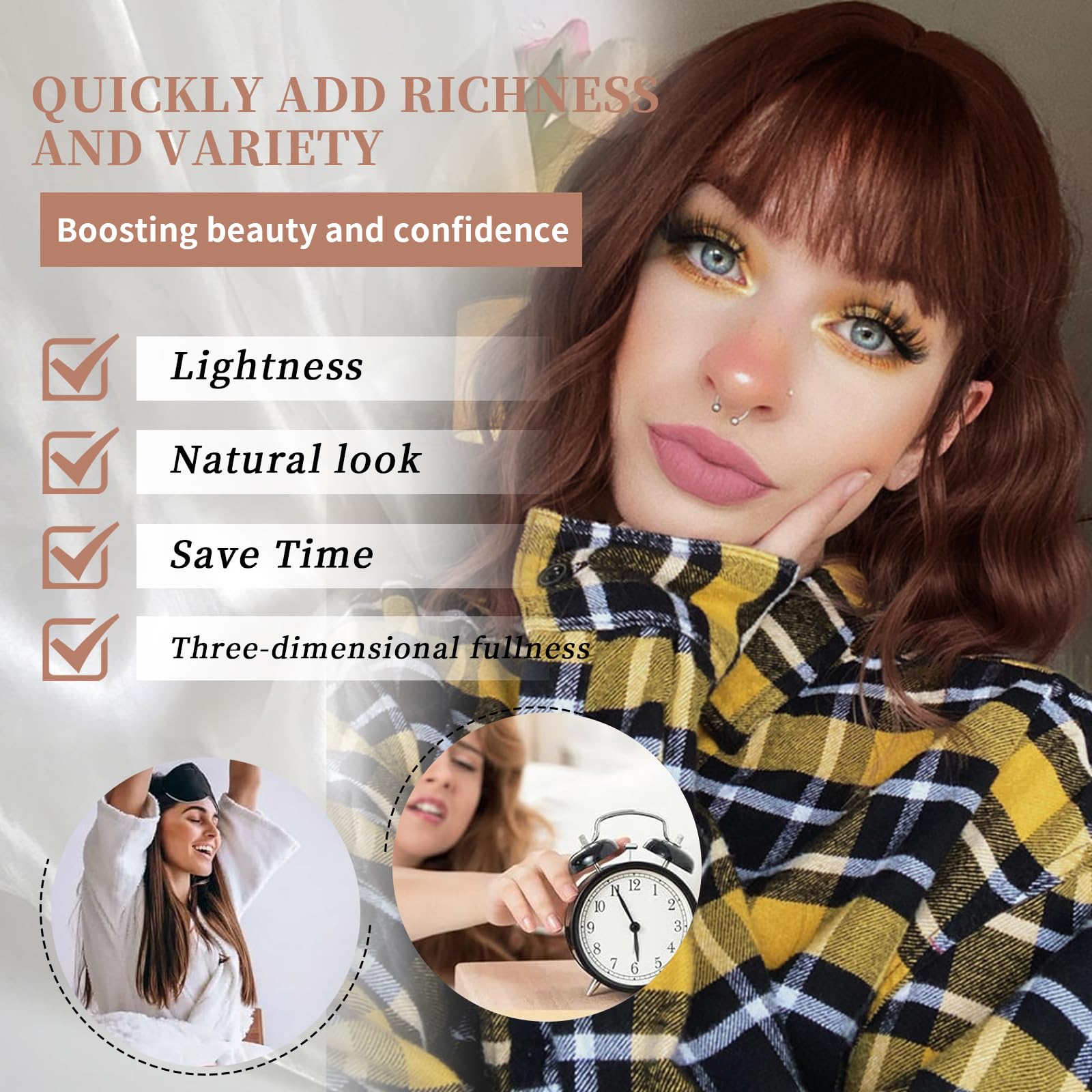 Lativ Brown Wig With Bangs Short Wavy Wigs For Women Shoulder Length Curly Bob Wigs Heat Resistant Synthetic Wigs For Halloween