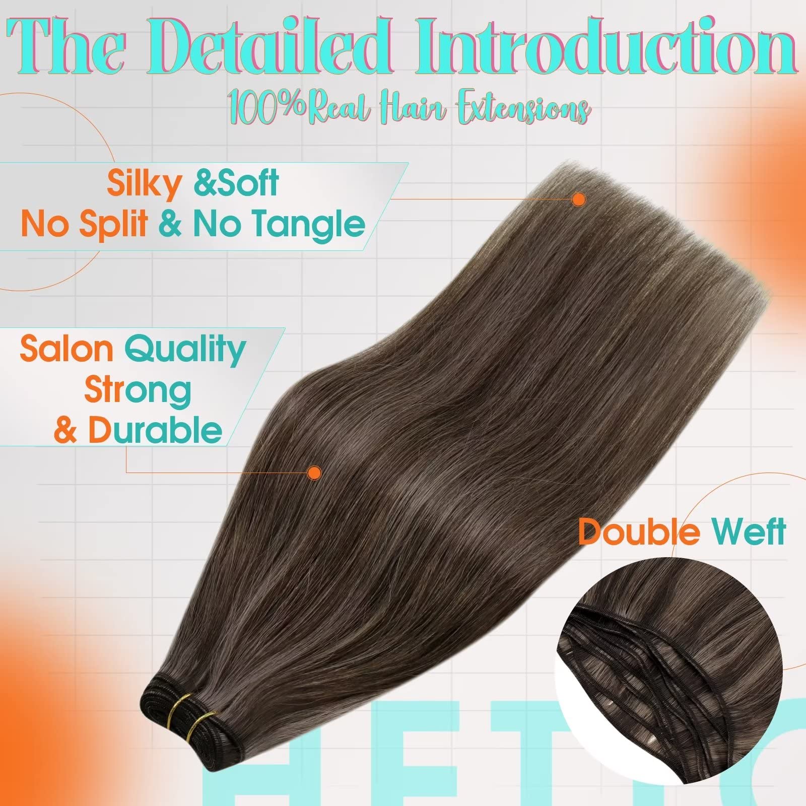 Hetto Ash Brown Sew in Extensions Human Hair Weft #2/8 Brown Highlighted Weft Hair Extensions Human Hair Bundles 100g 20 Inch Fu