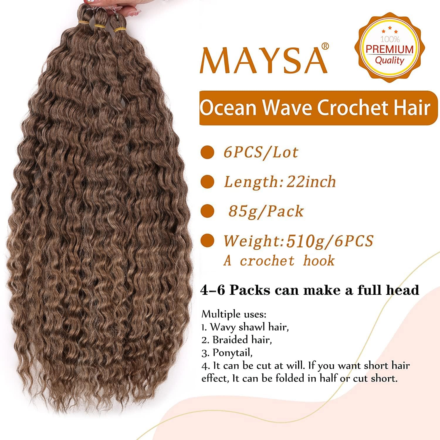 Maysa Brown Curly Crochet Hair For Women Synthetic Braid Hair 22 Inch 6Packs Ocean Wave Braiding Hair Extension #12Brown