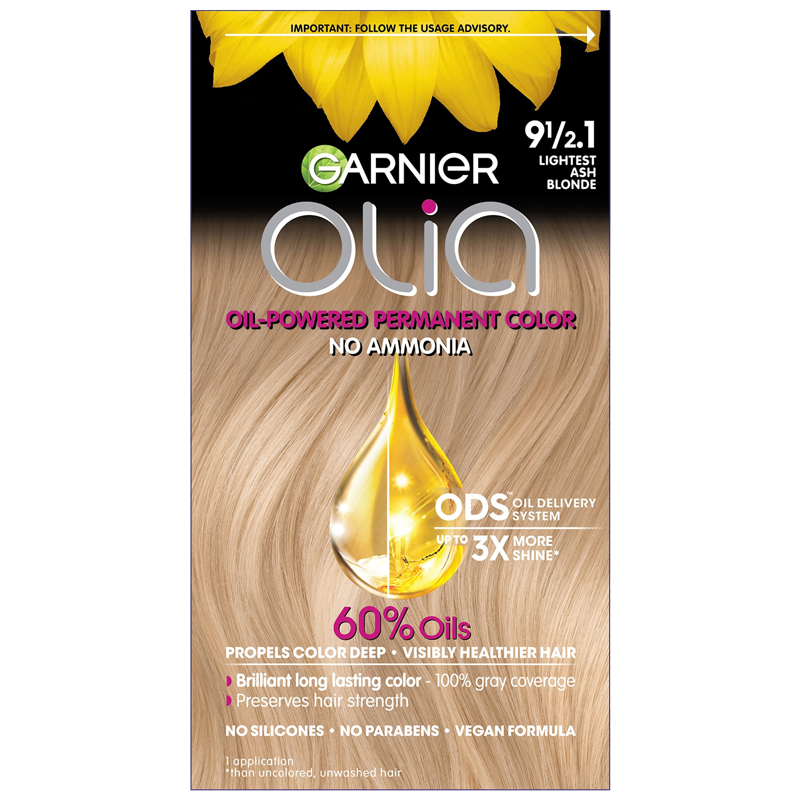 Garnier Hair Color Olia Ammonia-Free Brilliant Color Oil-Rich Permanent Hair Dye, 9 1/2.1 Lightest Ash Blonde, 1 Count (Packagin
