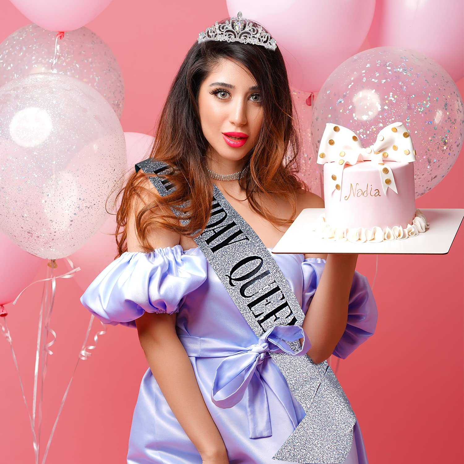 'Birthday Queen'' Sash & Crystal Tiara Kit Cocide Birthday Silver Tiara And Crowns For Women Sash For Girls Pink Birthday Decor