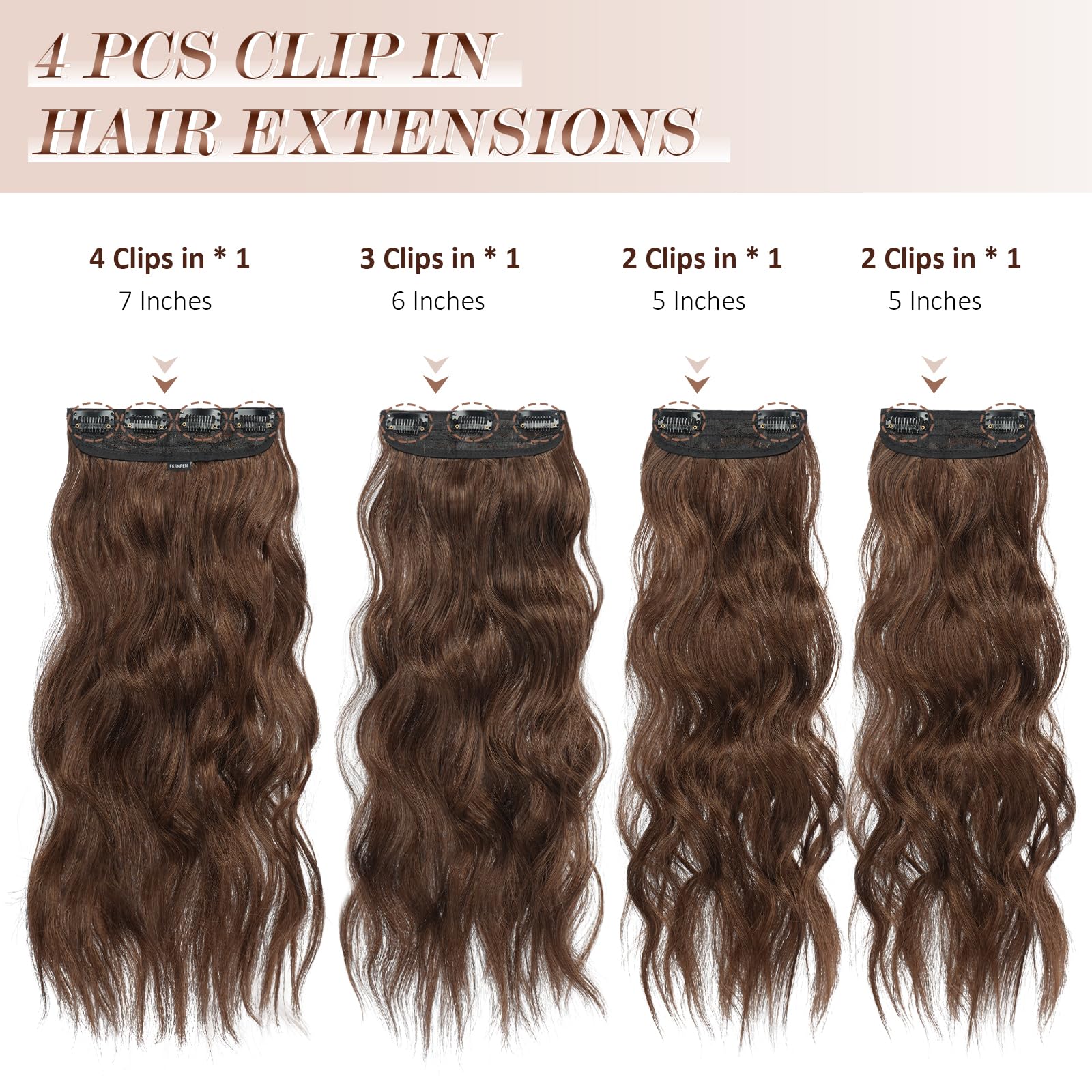 Feshfen Clip In Hair Extensions - 4 Pcs Long Wavy Mixed Brown Thick Hairpieces Clip In Hair Piece Full Head Synthetic Hair Exten
