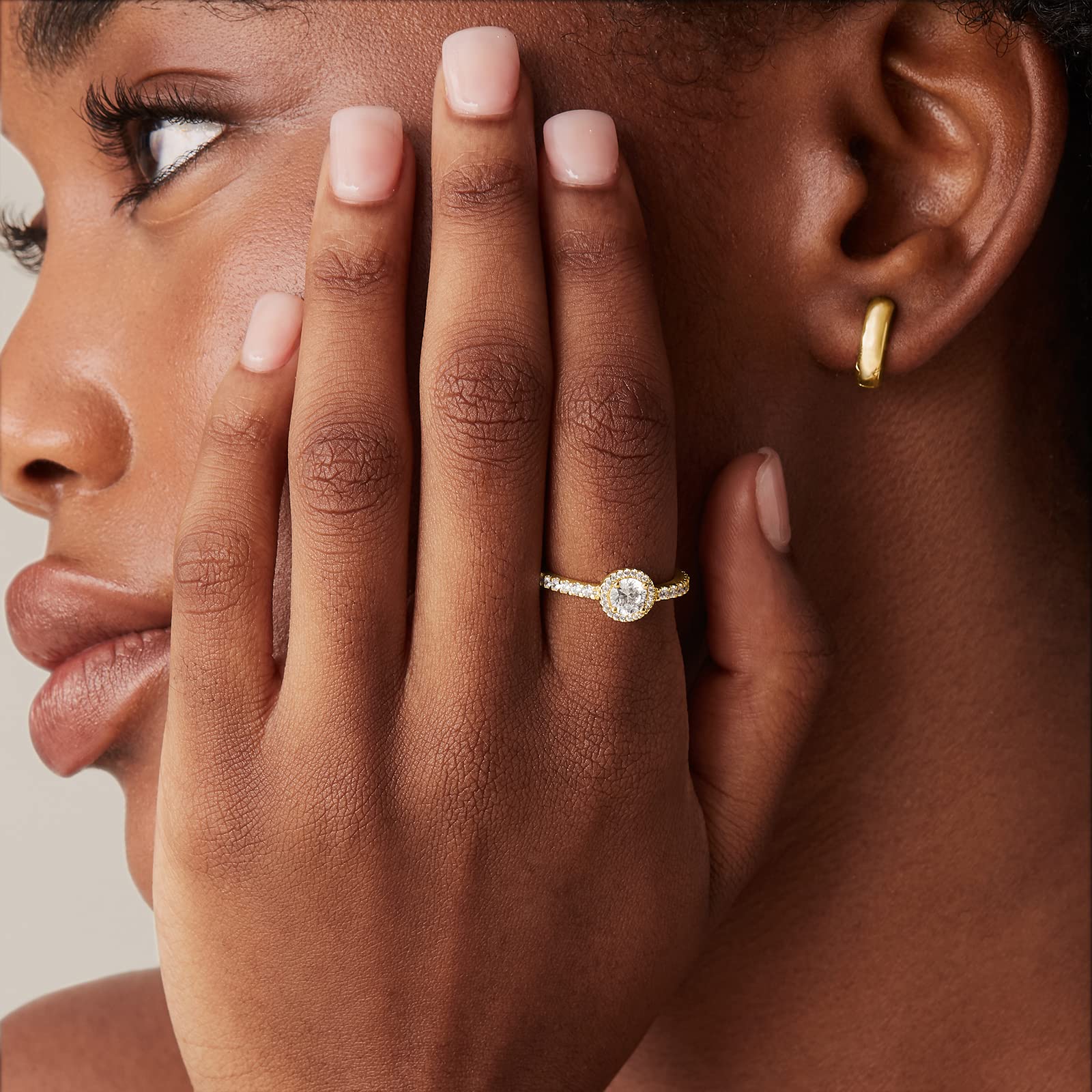 PAVOI 14K Gold Plated 5mm Round Halo Ring for Women | Promise Rings for Her (White Gold, 7)