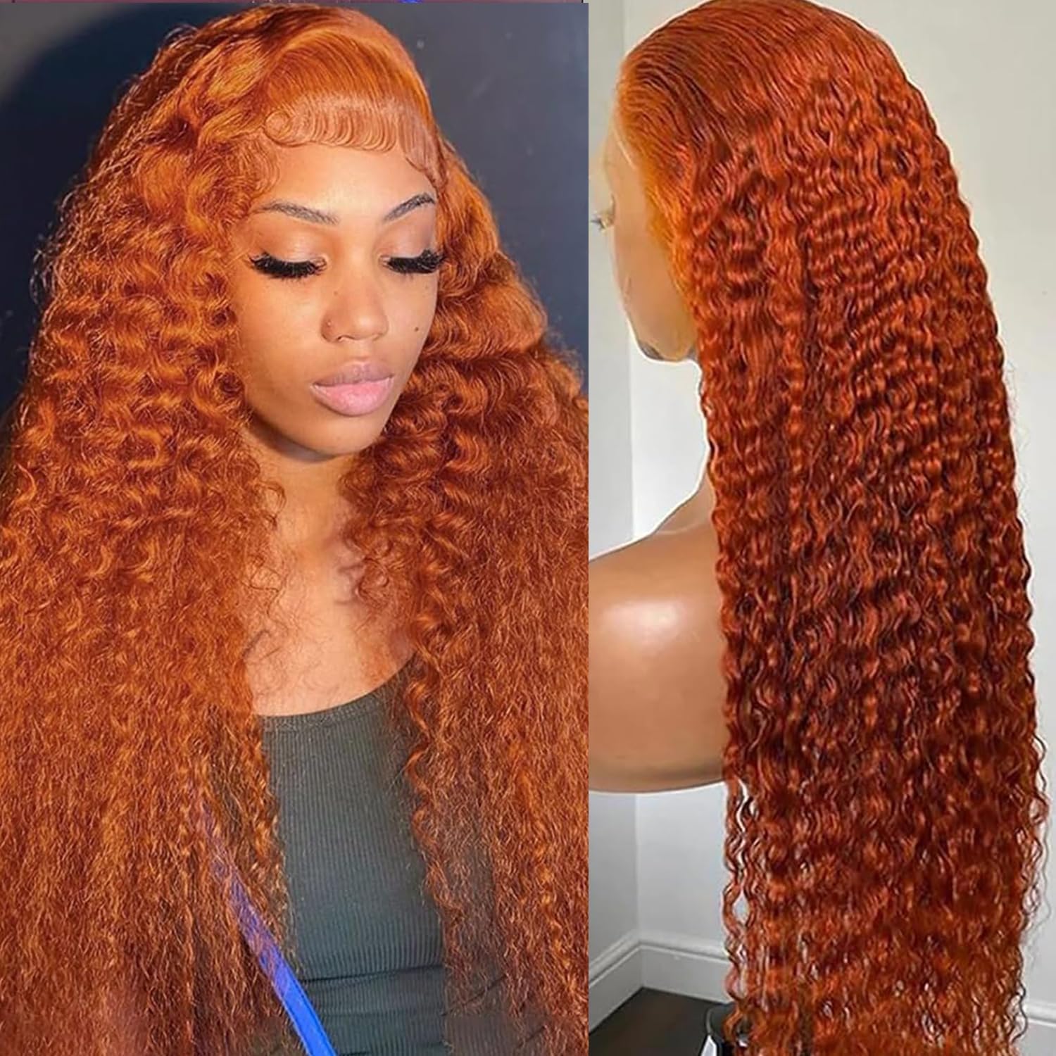 Hoiloxa 13x6 Ginger Orange Deep Wave Lace Front Wigs Human Hair Pre Plucked Ginger Wig Human Hair 350 Color Wet and Wavy Curly W