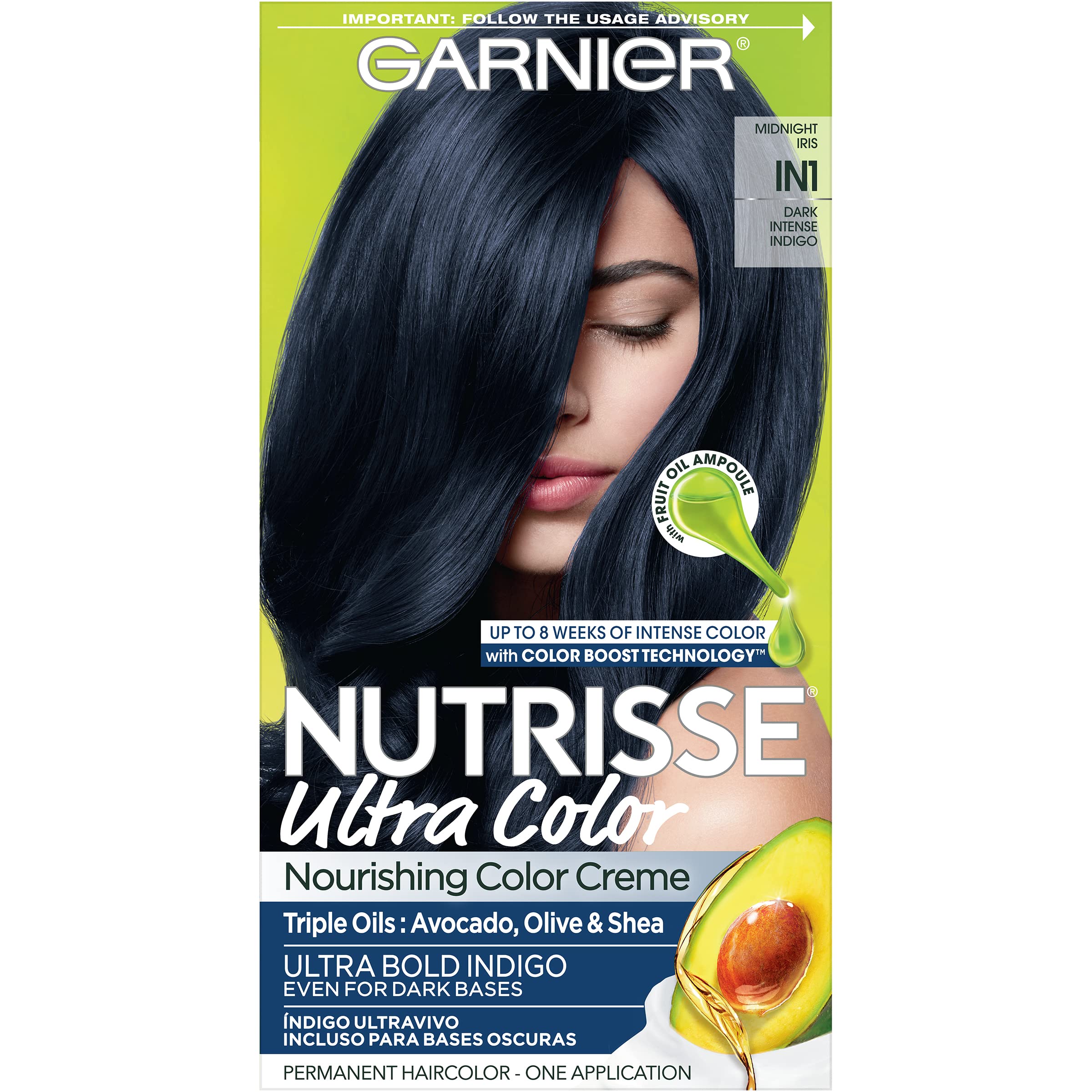 Garnier Hair Color Nutrisse Ultra Color Nourishing Creme, IN1 Dark Intense Indigo (Midnight Iris) Blue Permanent Hair Dye, 1 Cou
