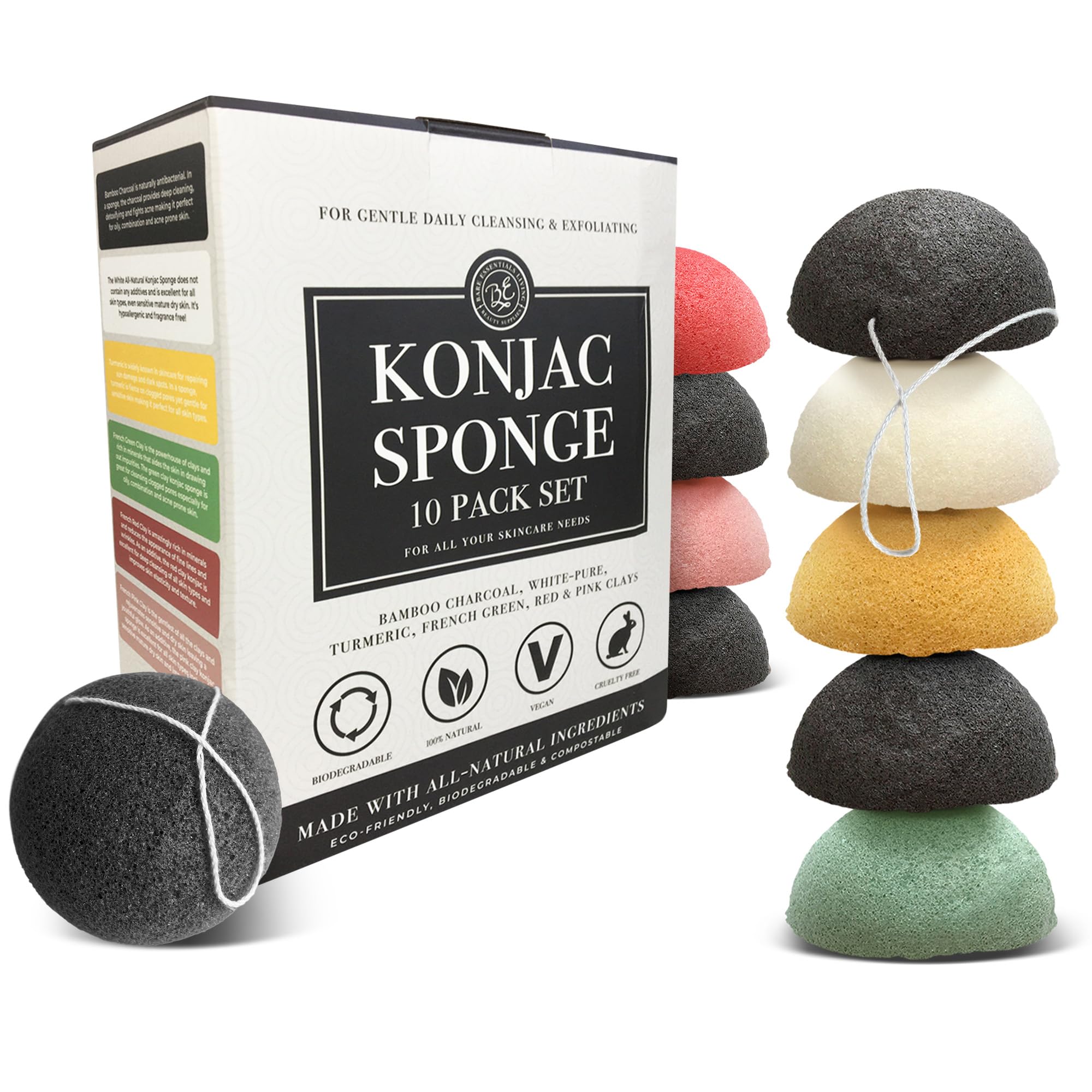 Bare Essentials Living - Konjac Sponges Set (10 Pack) With Activated Bamboo Charcoal Facial Sponge, Natural Sponge, Great For Fa