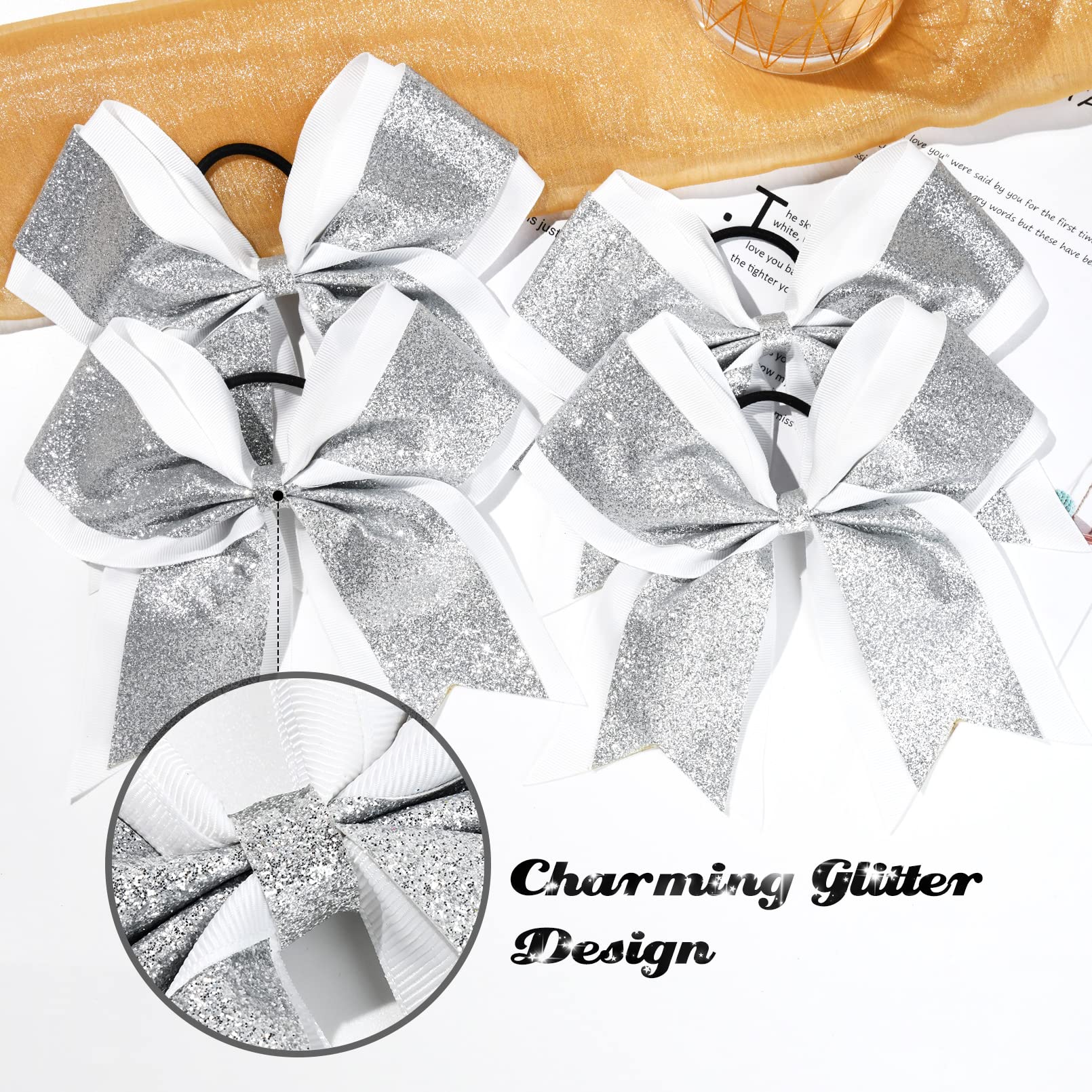 10Pcs 8 Large Glitter Hair Bows With Hair Ties For Girls - Silver Rhinestones Sequin, School Cheer Accessories For Teen Softball