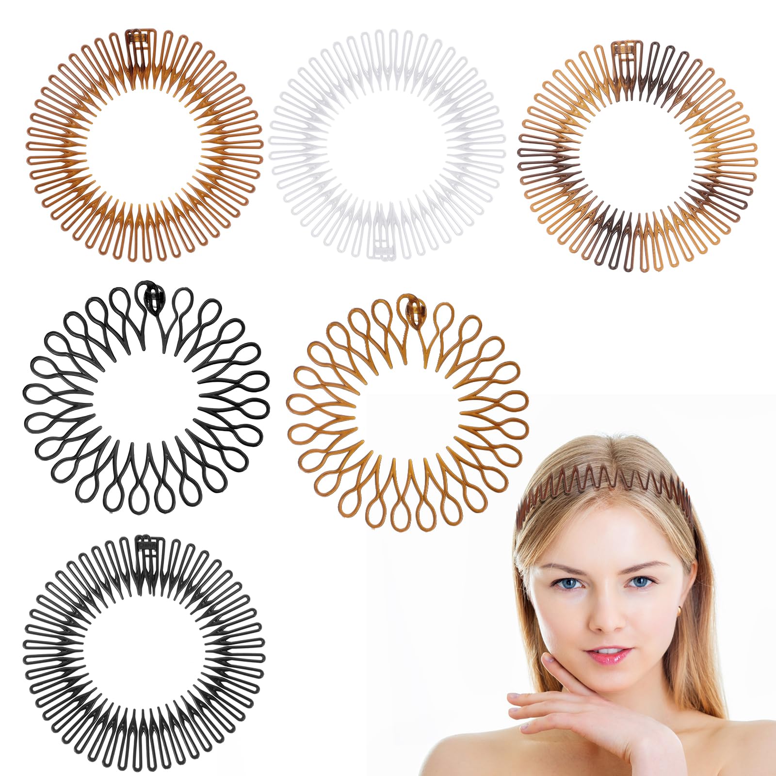 Gjinxi 6PCS Full Circular Stretch Comb Headbands, Flexible Plastic Circle Comb, Elastic Zig Zag Circle Tooth Headband Hairband H