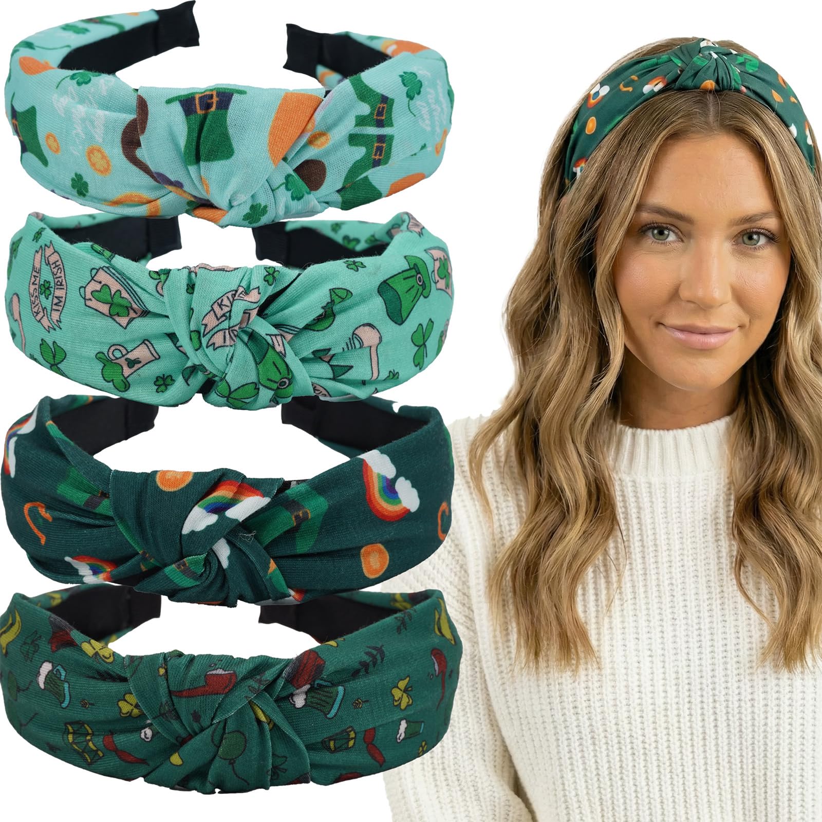 Bookay 4-pack St. Patricks Day Headband for Women,Green Lucky Clover Shamrock Irish Hair Bands,Non-Slip Knotted Head bands for 
