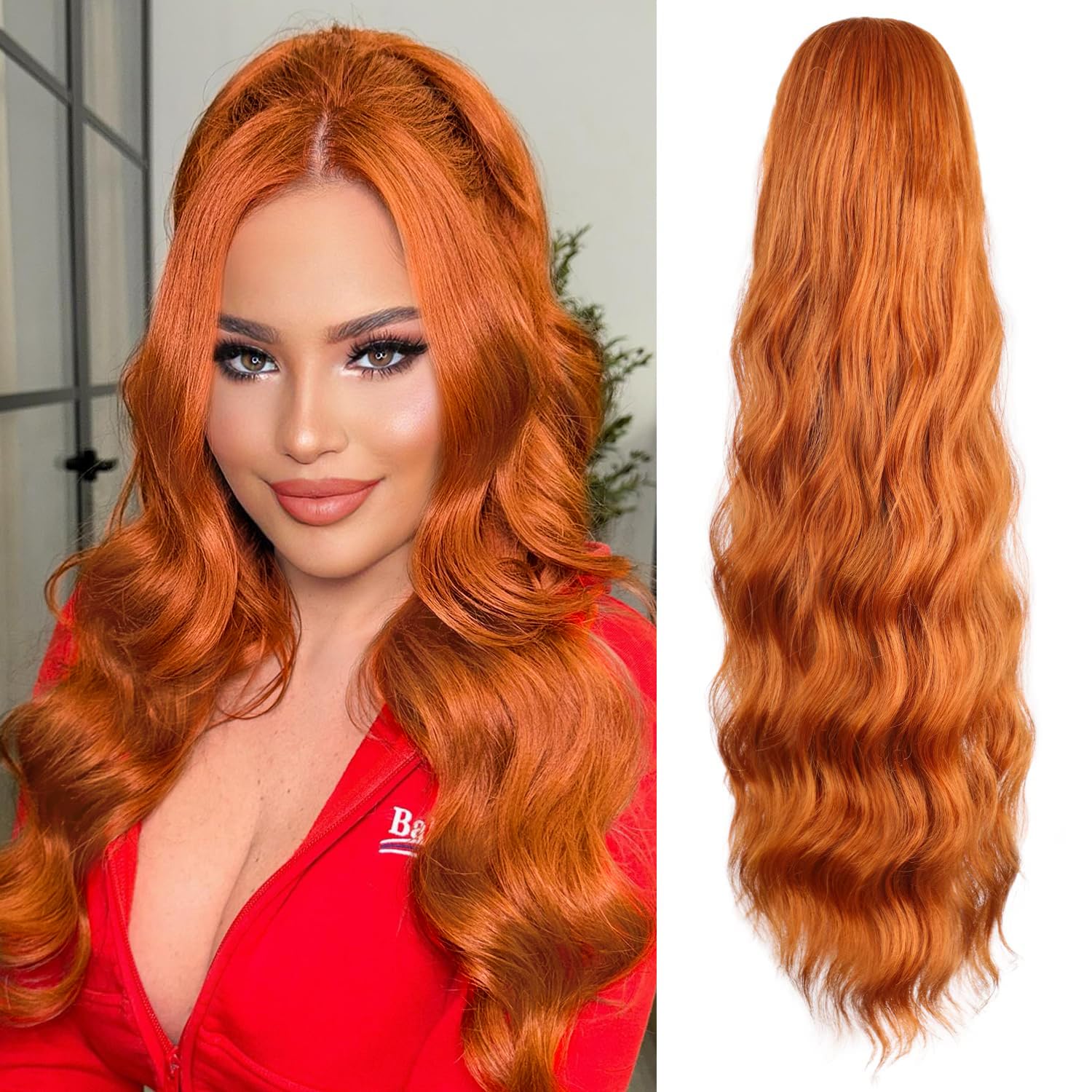 FREEMEIGE Copper Red 26 Inch Long Synthetic Ponytail Extension for Women