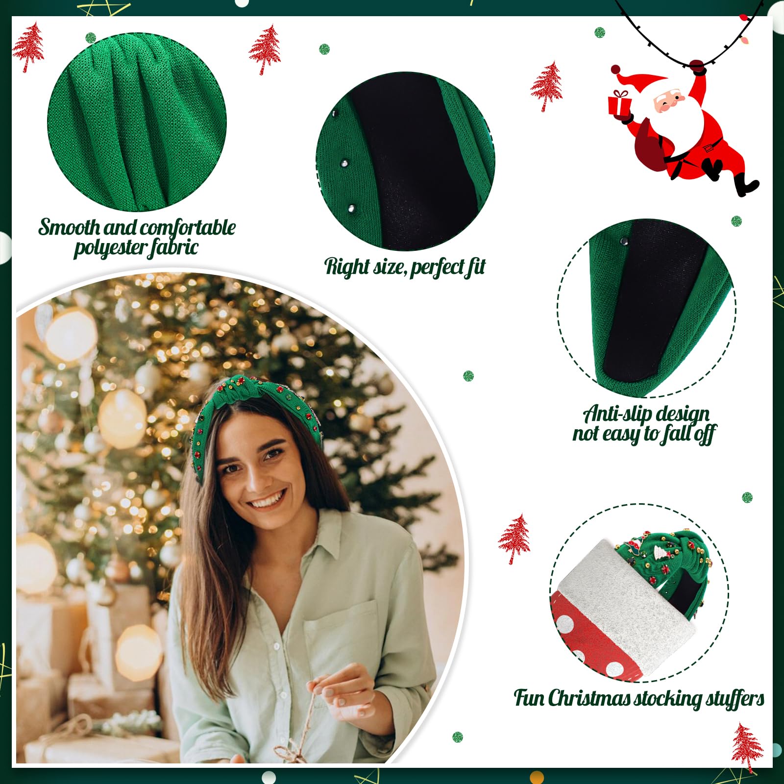 Obeoby Christmas Headband For Women, Knotted Headband With Christmas Tree Crystal Pearl Snowflake Decorations Holiday Christmas
