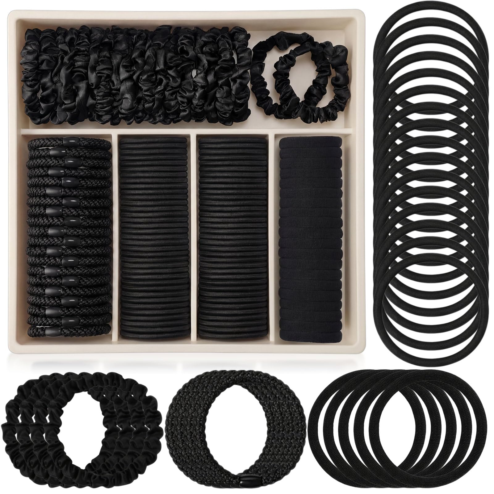 Chuangdi 160 Pack Black Hair Ties Set 5 Styles, Seamless Elastic Hairbands for Thick Thin Hair, No Damage & Crease, Nice for Dai