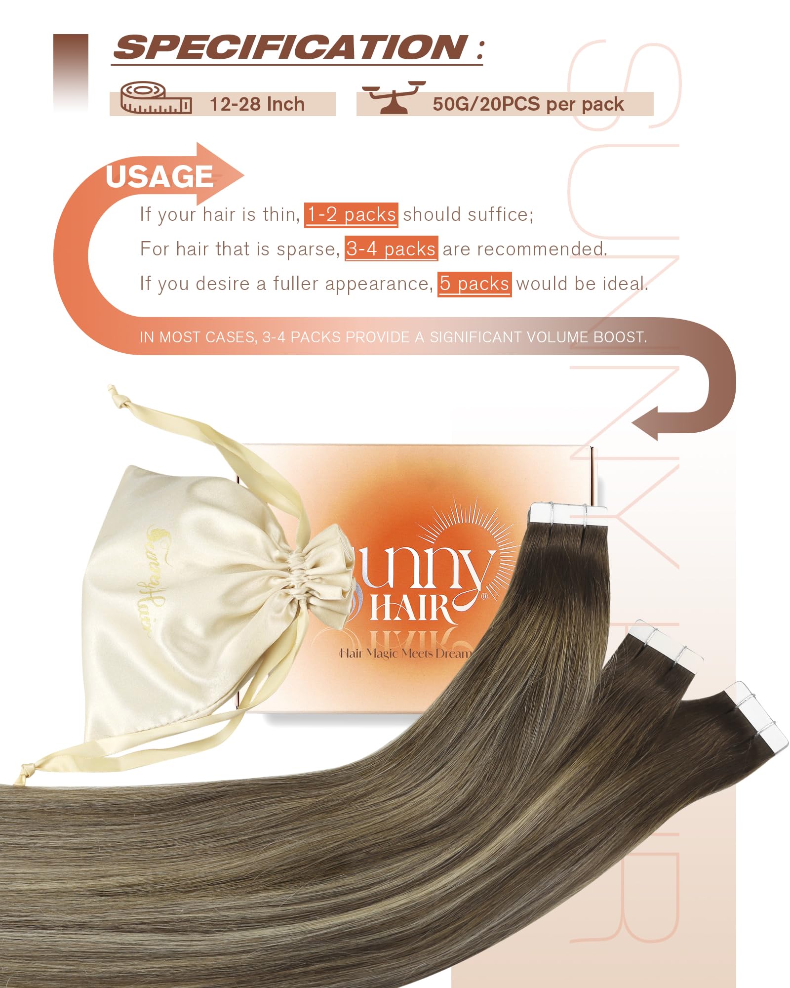 Sunny Hair Tape in Hair Extensions Real Human Hair Invisible Remy Hair Extensions Tape ins for Women Cool Brown to Light Brown H