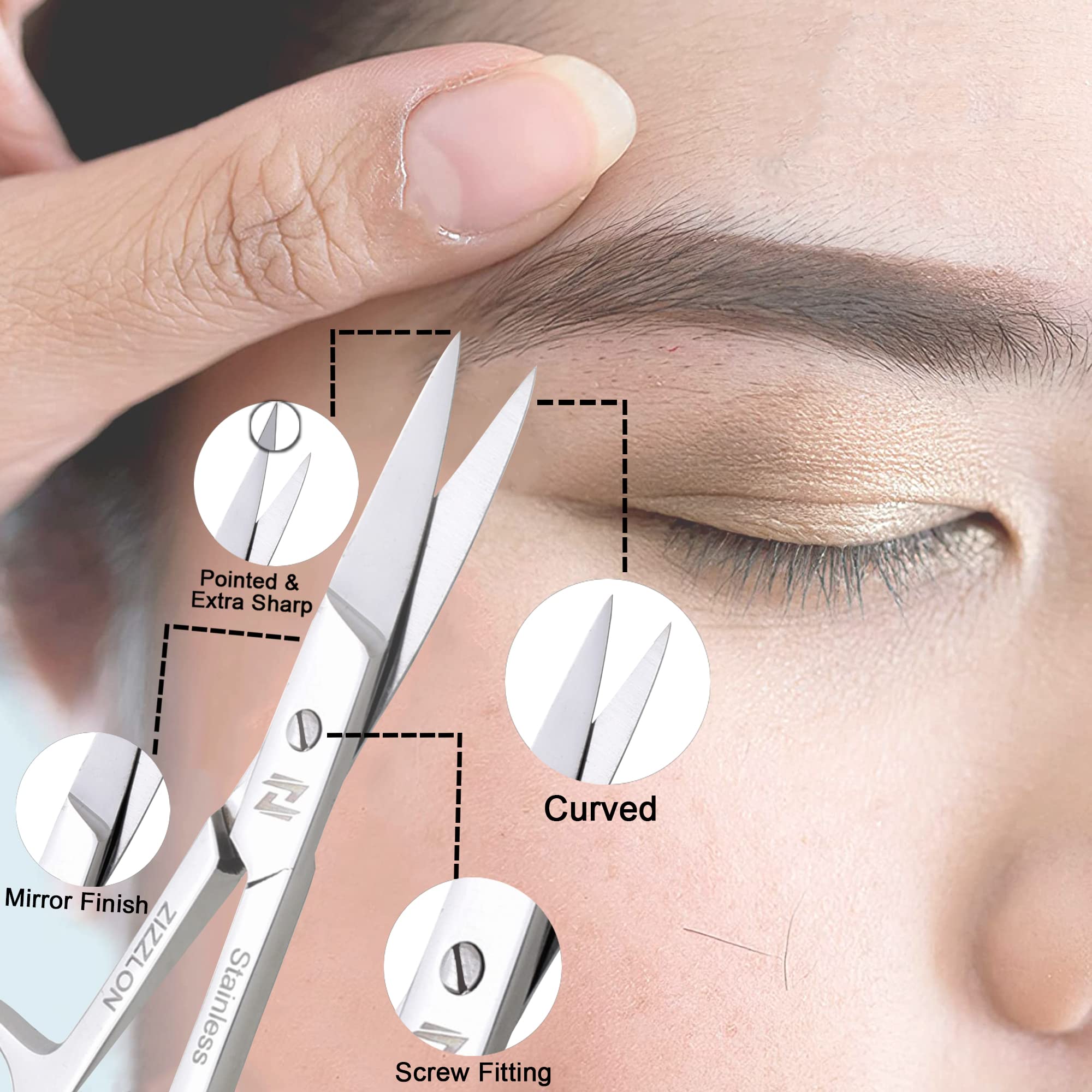 Zizzlon Eyebrow Scissors For Women - Facial Hair Small Grooming Scissors For Men And Women - Professional Stainless Steel Scisso