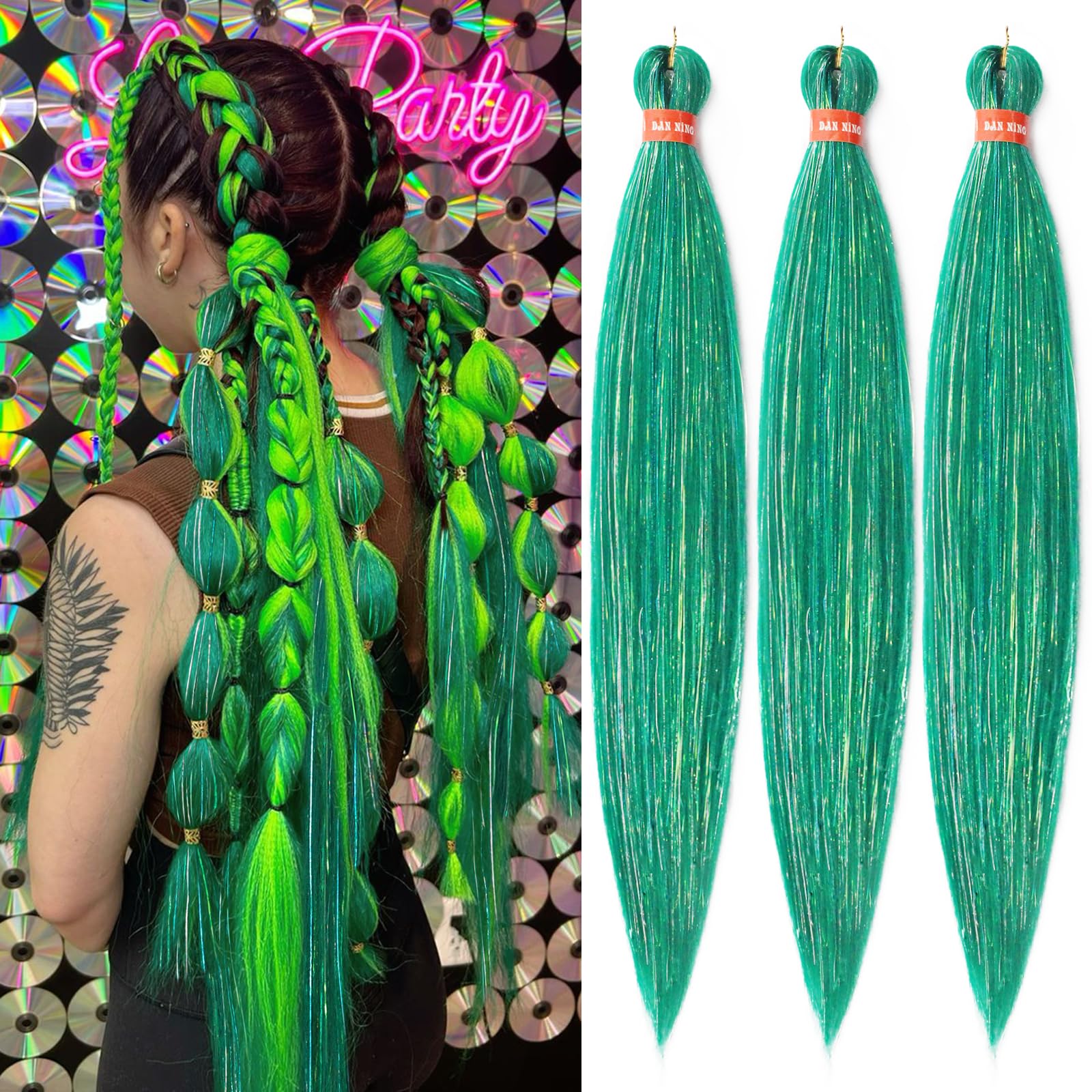 Sparkling Green Pre Stretched Braiding Hair 30 Inch Glitter Kanekalon Box Braid Hair Extensions Shinny 3 Packs Yaki Texture Pre 