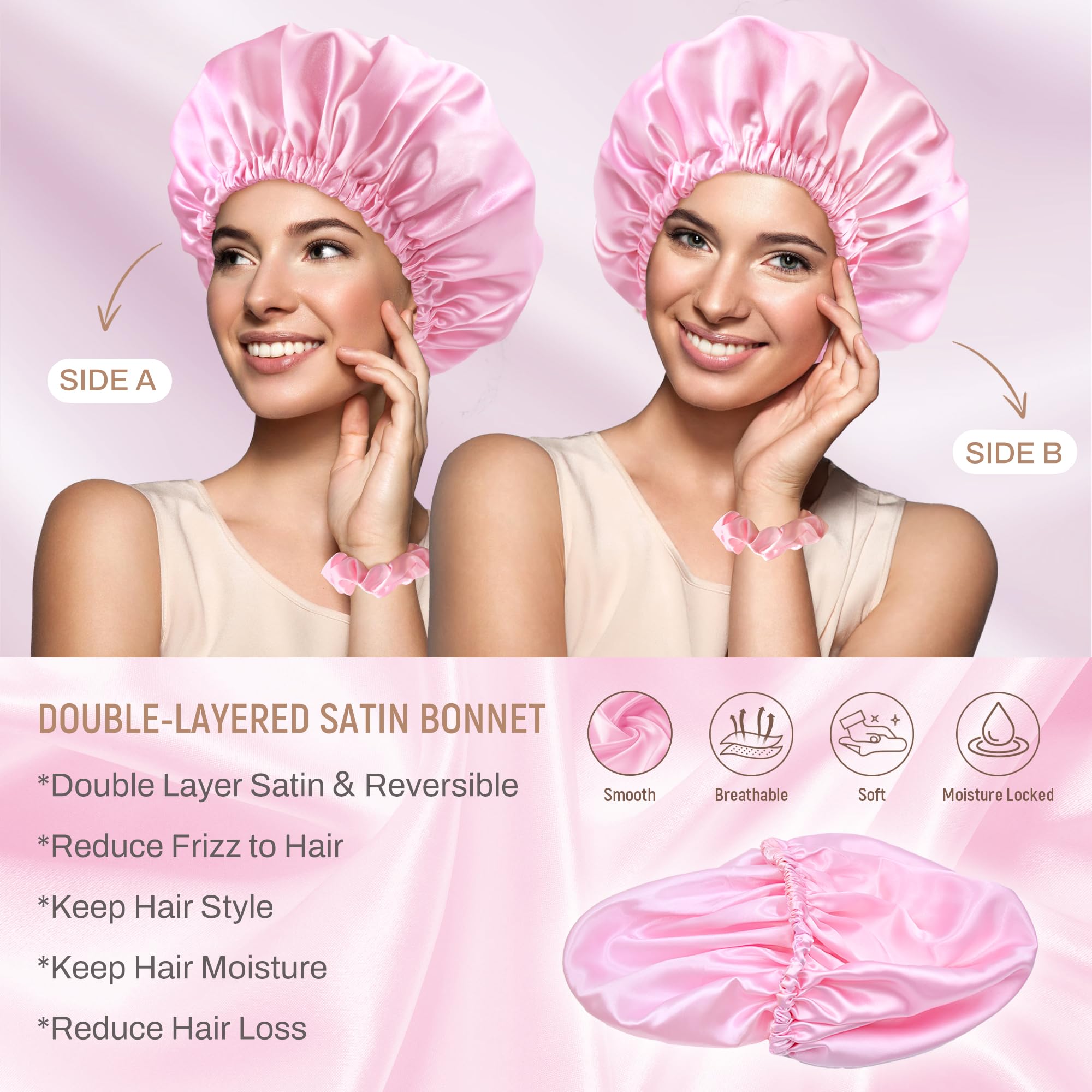 BONNET QUEEN Silk Bonnet for Sleeping Satin Bonnet for Women Double Layer Reversible Hair Bonnet Elastic Sleep Cap with 2 Scrunc