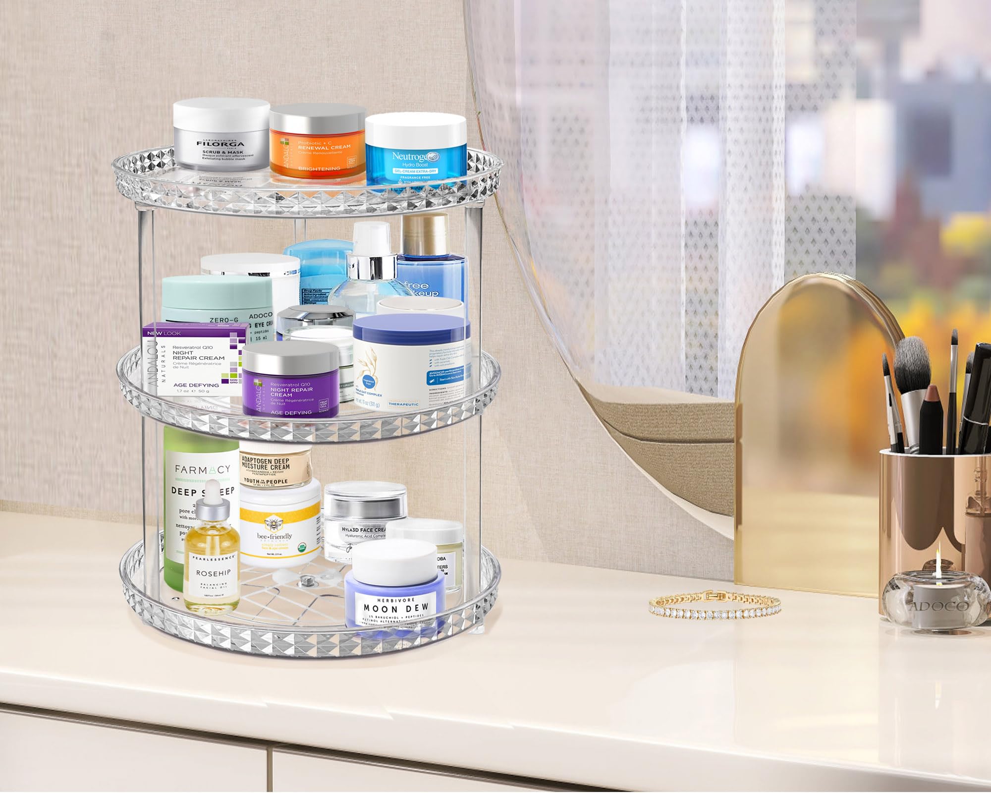 3 Tier Diamond Lazy Susan Bathroom Organizer Countertop, Clear 360 Rotating Cosmetic Makeup Organizer For Vanity, Skincare Organ