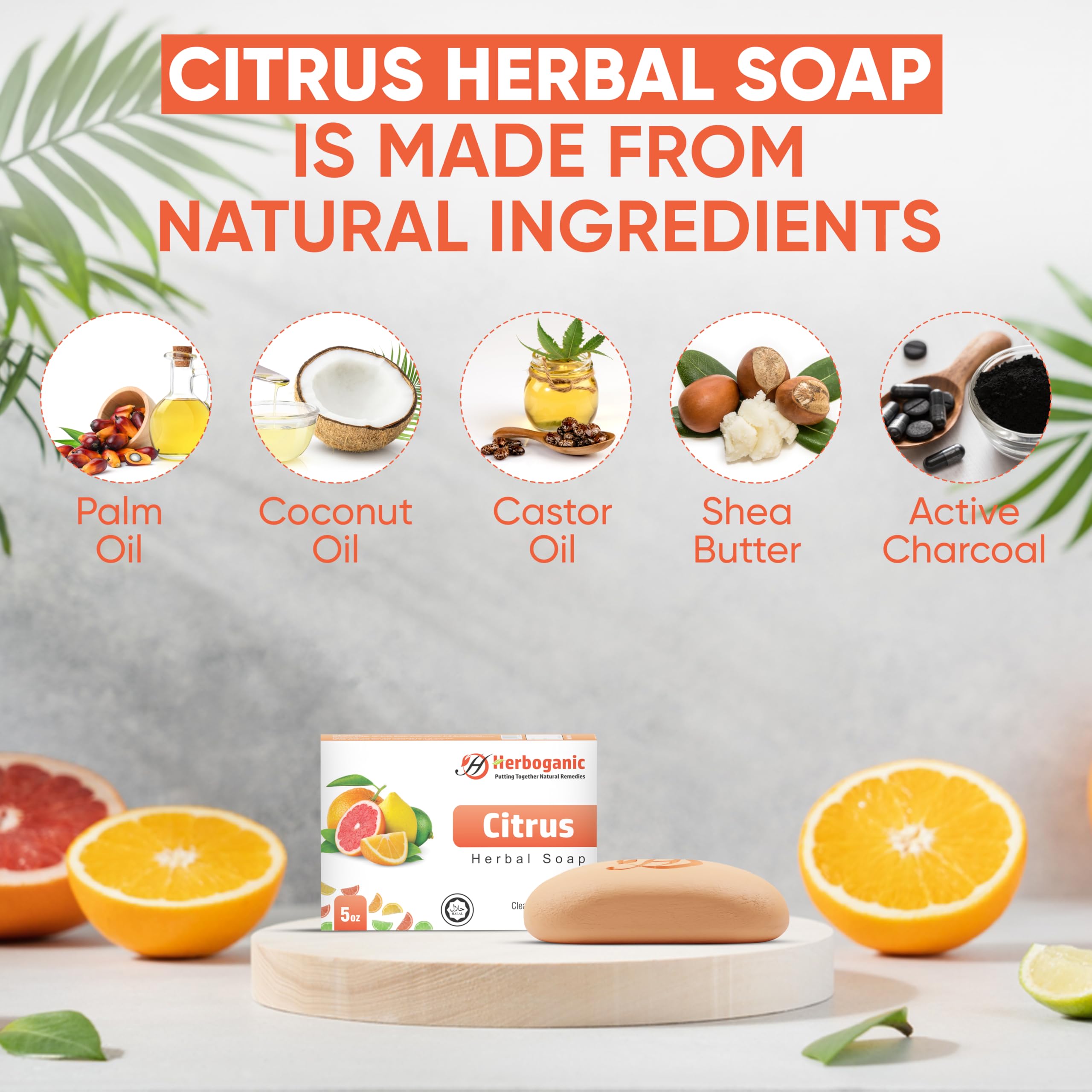 HERBOGANIC Citrus Herbal Soap | Pack of 3 of 5oz soap Bar | Natural Bar Soap for Face and Body | Hydrating and Nourishing | Suit
