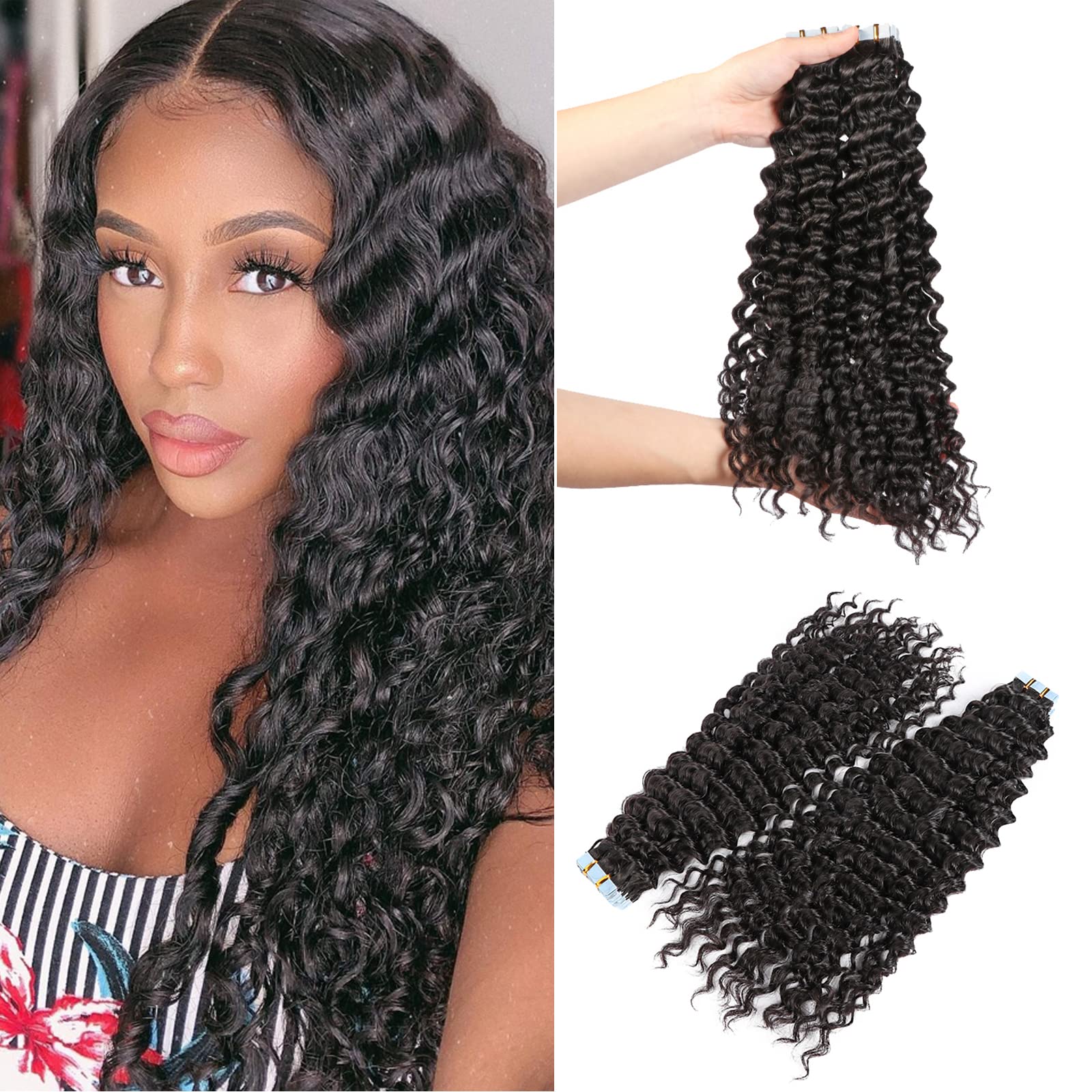 Deep Wave Tape In Hair Extensions Real Human Hair, 24'' Wave Natural Black Tape In Extensions Double Sided Human Hair Tape In Ex